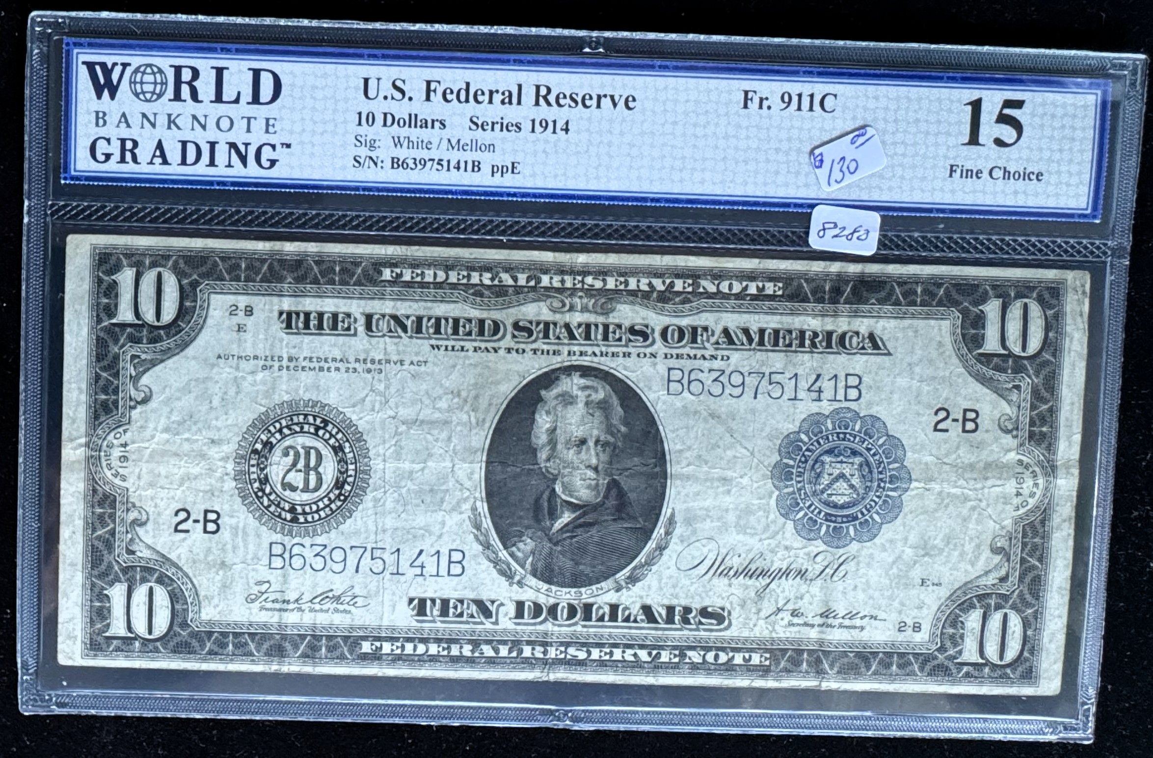 1914 SERIES FRN $10 DOLLARS, NEW YORK, WBG GRADED-15 FINE CHOICE, BLUE SEAL