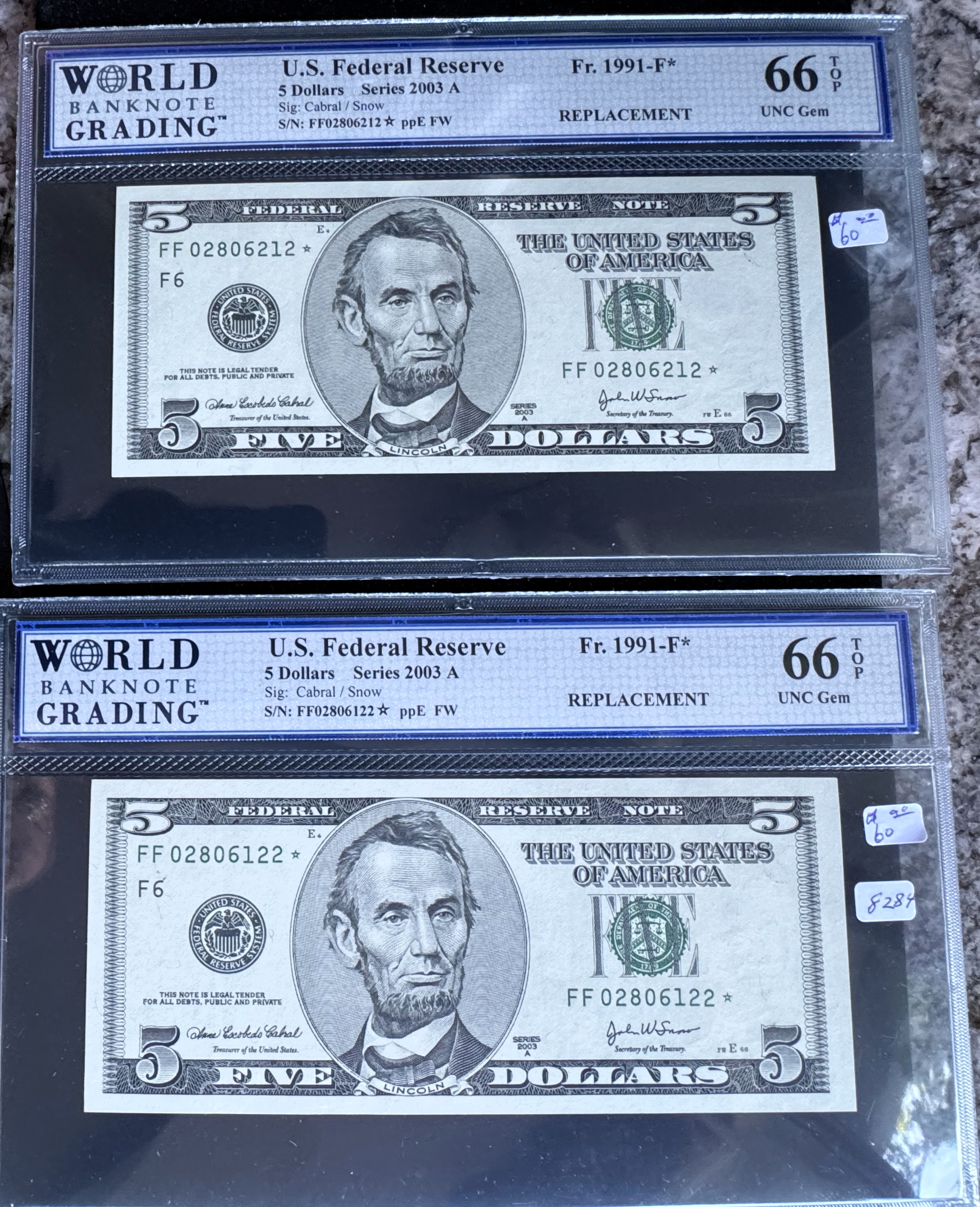 2003 A SERIES (TWO) $5 DOLLARS *STAR NOTES* WITH CLOSE BUT NON-CONSECUTIVE SERIAL NUMBERS, HIGH GRADE WBG -66 TOP UNCIRCULATED GEMS