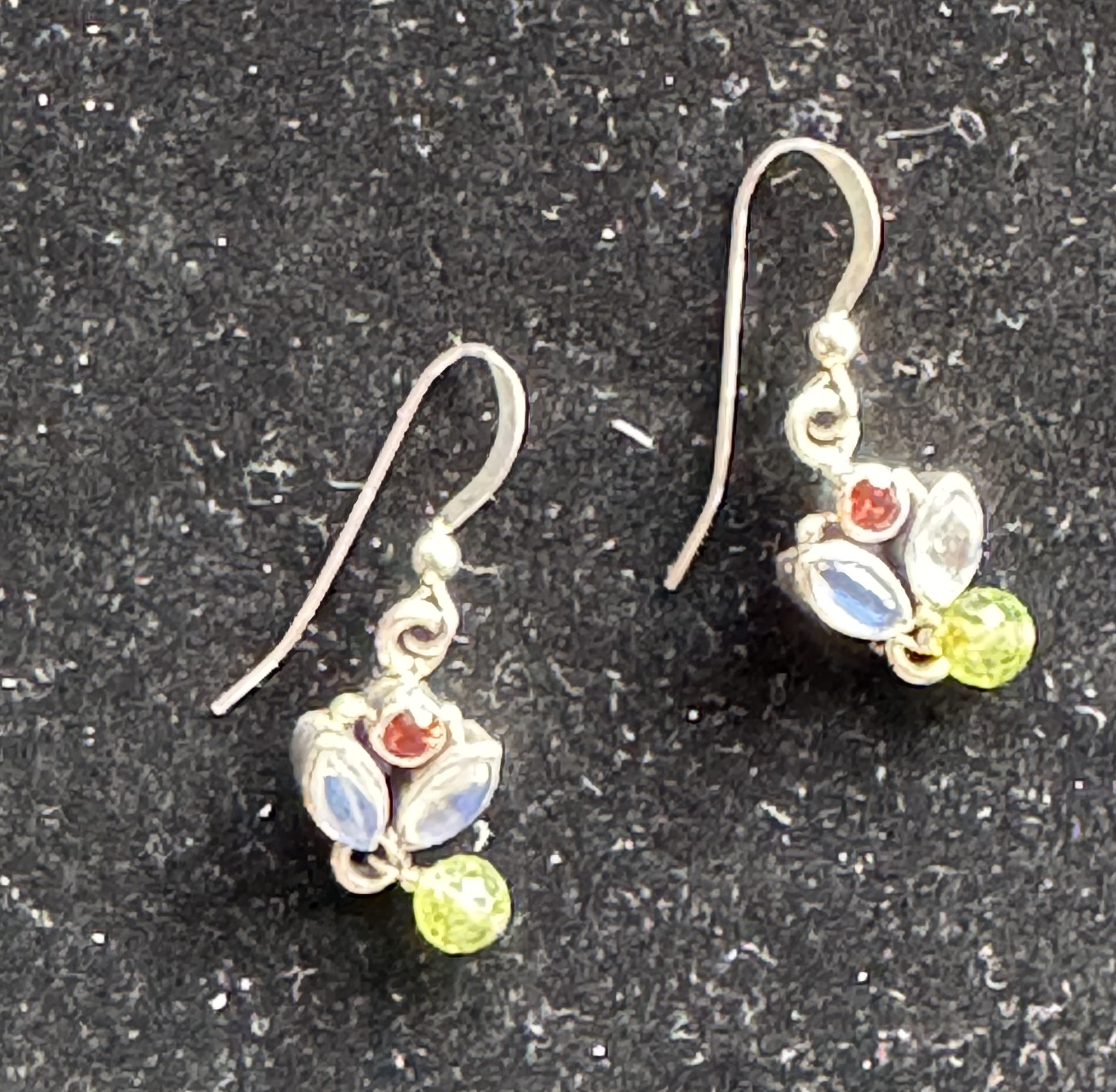 SILVER DANGLING EARRINGS FROM INDIA, COLORFUL STONES, LIKE NEW NEVER WORN