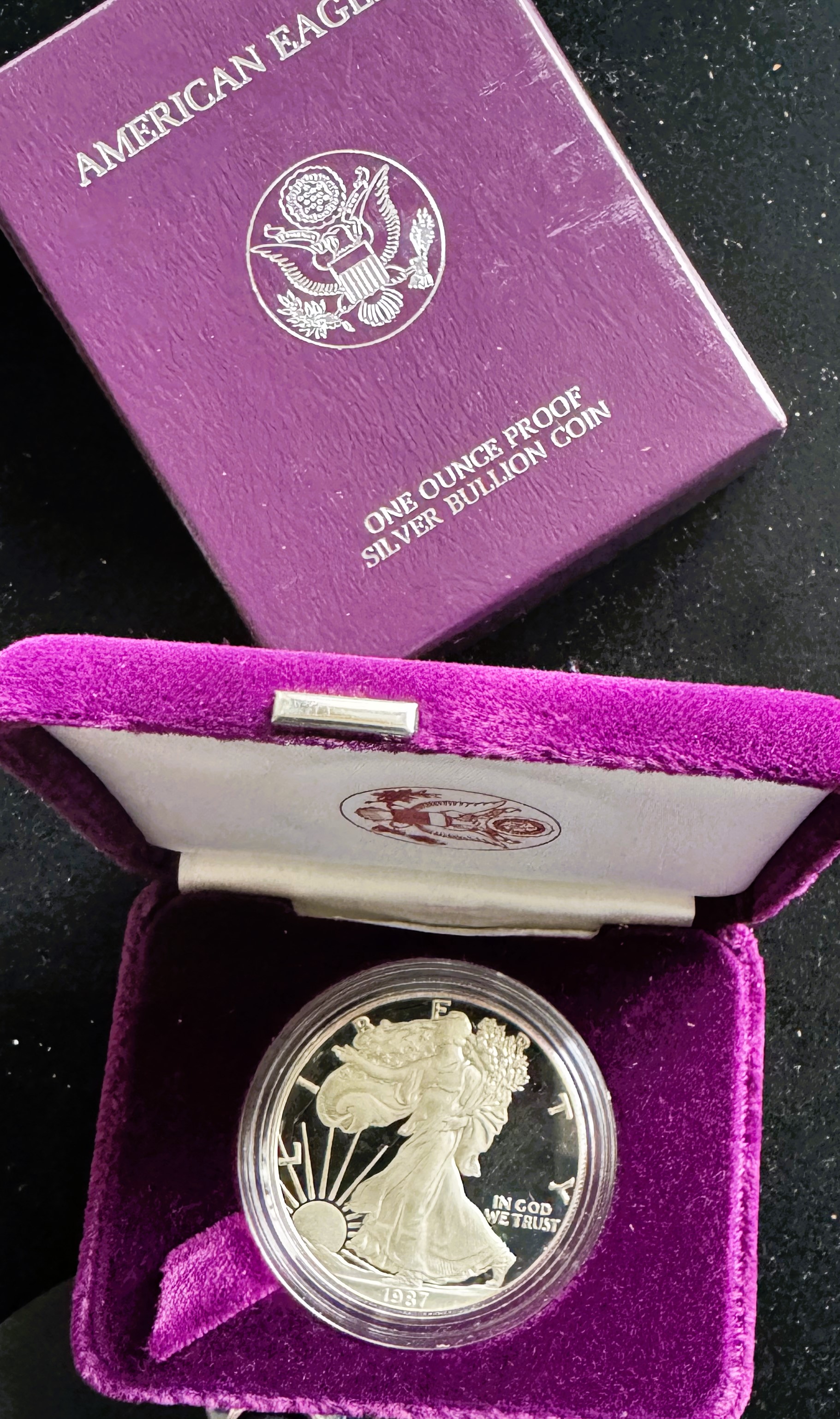1987-S AMERICAN SILVER EAGLE PROOF $1 DOLLAR GEM COIN, 1oz .999 FINE SILVER IN ORIG US MINT CAPSULE, CASE, COA