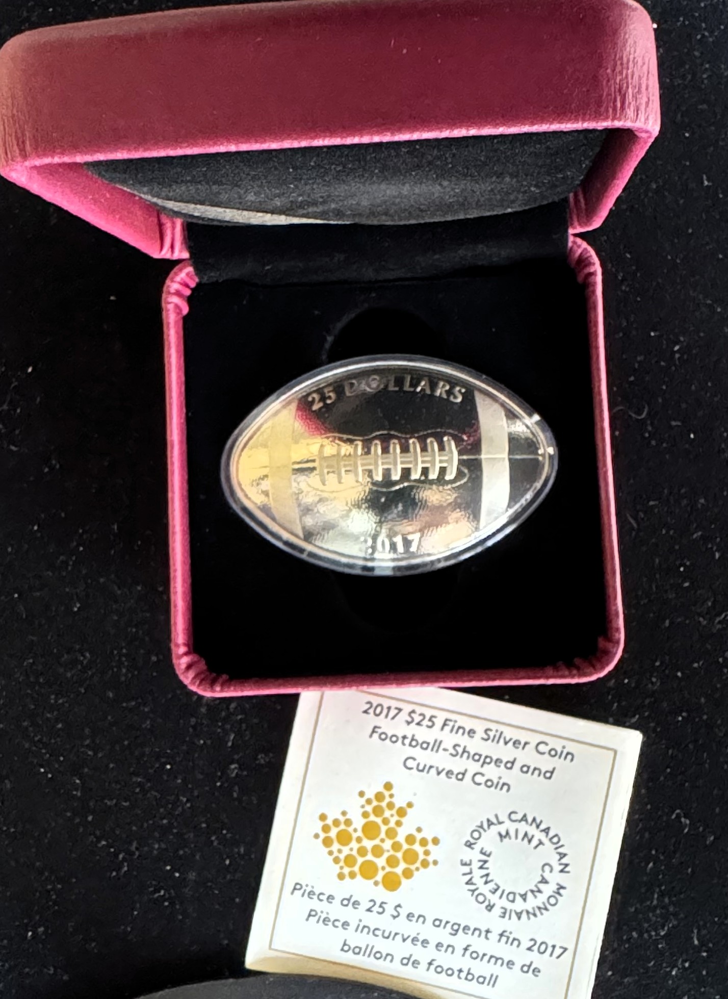 2017 $25 DOLLAR .999 FINE SILVER FOOTBALL GEM CURVED GEM COIN, ARGENT FINISH, OGP, CASE COA