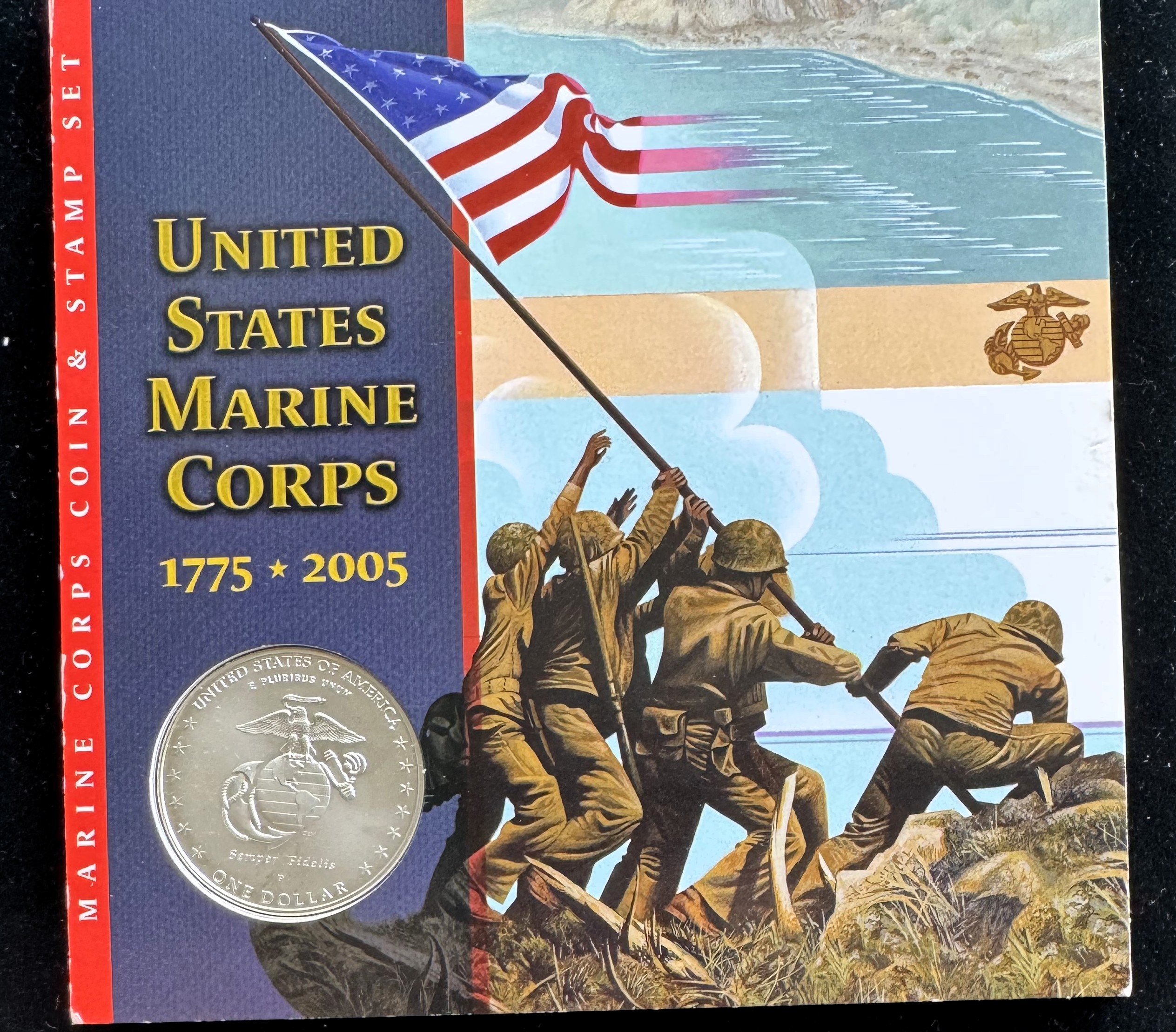 1775-2005 U.S. MARINE CORPS ANNIV $1 DOLLAR SILVER UNC GEM COIN, & 3 CENT IWO JIMA STAMP SET, OGP, COA