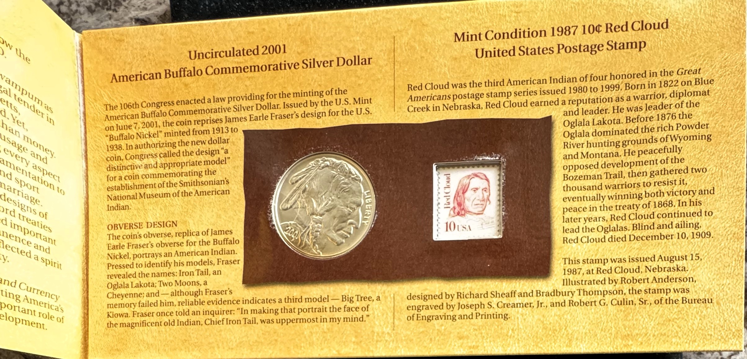 THE AMERICAN BUFFALO SILVER $1 COIN, STAMP, 1899 $5 INDIAN CHIEF SILVER CERTIFICATE REPLICA, IN SEALED ORIG US COLLECTORS PKG