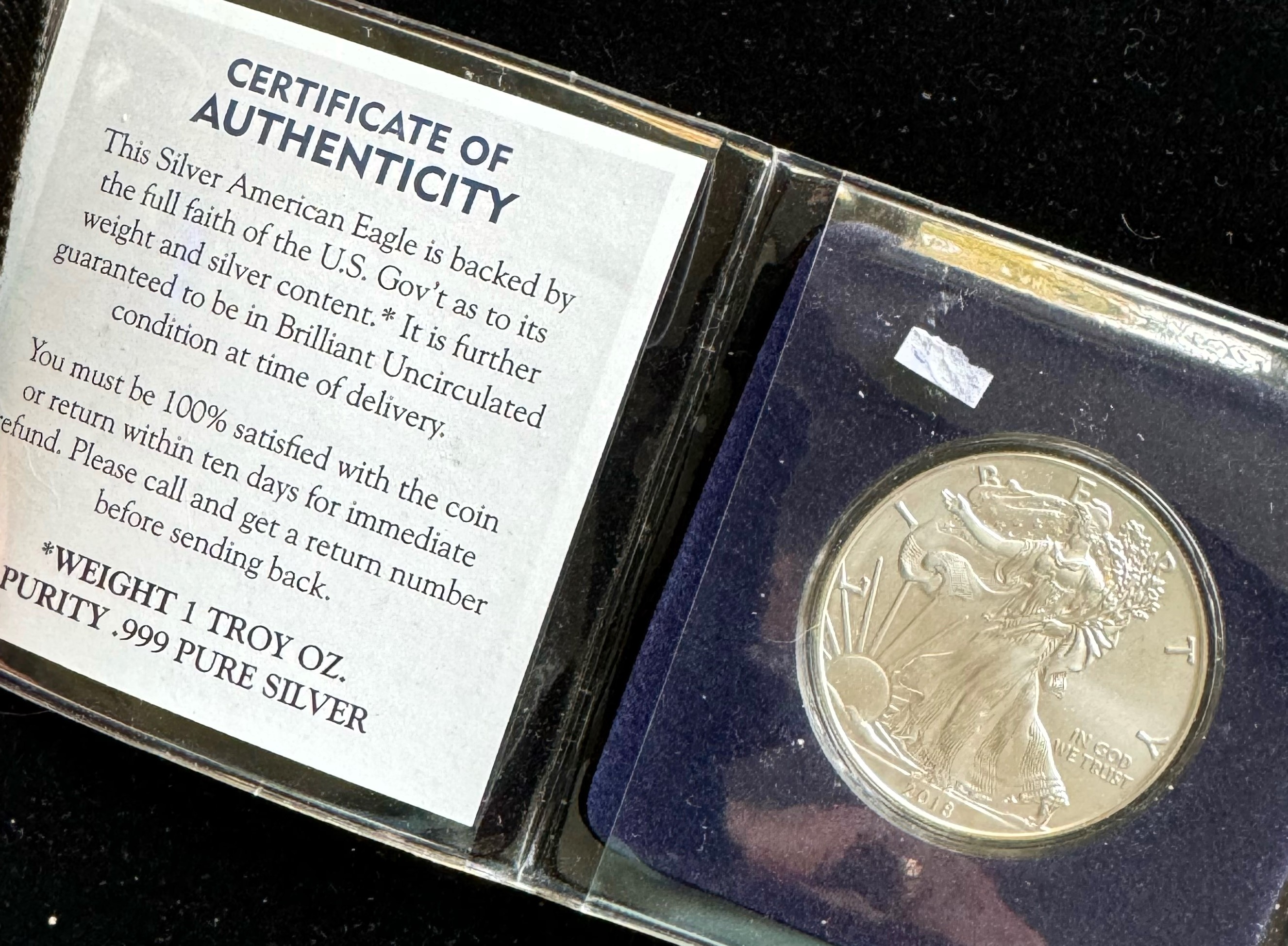 2016 .999 1OZ SILVER AMERICAN EAGLE ONE DOLLAR, BRILLIANT UNCIRCULATED IN PKG WITH COA