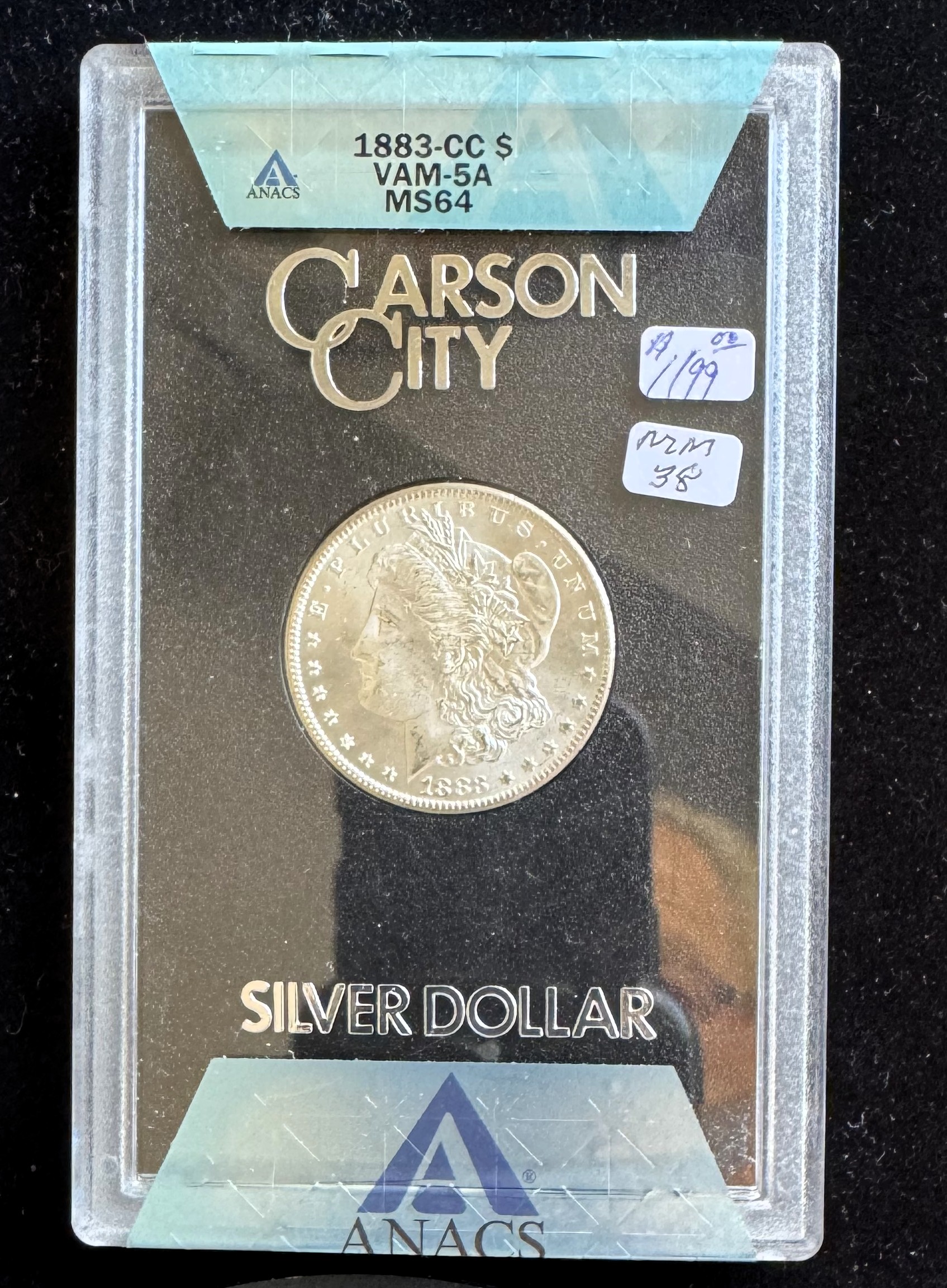 1883-CC MORGAN SILVER $1 DOLLAR COIN, ANACS GRADED VAM-5A MS-64, IN ORIGINAL HARD CASE