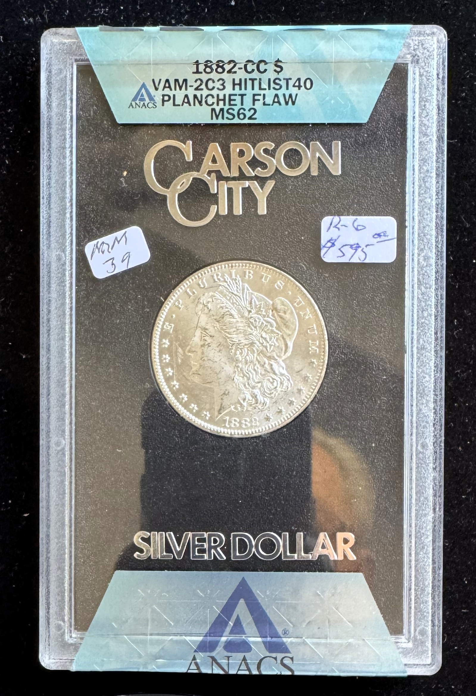 1882-CC MORGAN SILVER $1 DOLLAR COIN, ANACS GRADED VAM-2C3 MS-62 PLANCHET FLAW, IN ORIGINAL HARD CASE