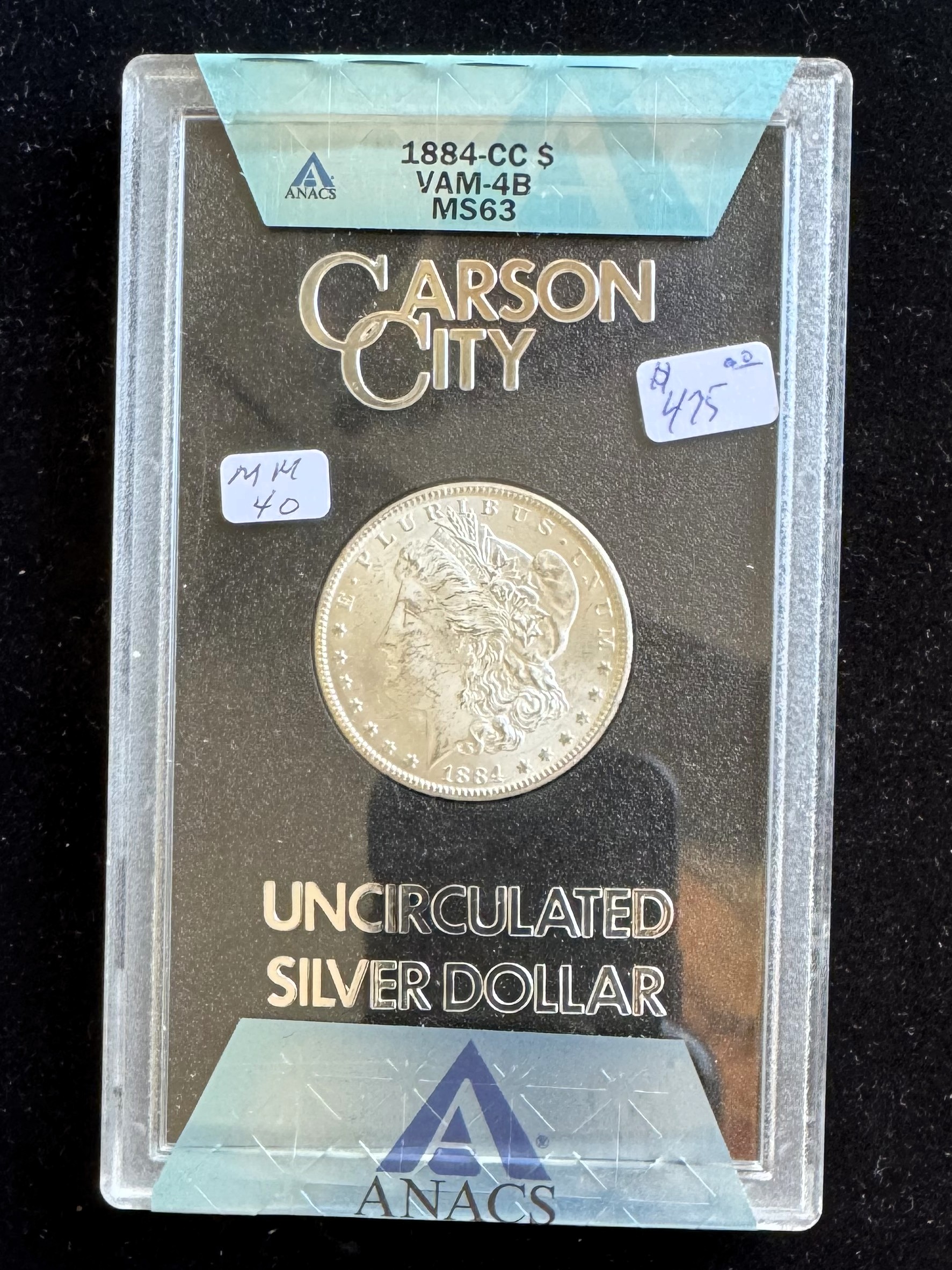 1884-CC MORGAN SILVER $1 DOLLAR COIN, ANACS GRADED VAM-4B MS-63, UNCIRCULATED IN ORIGINAL HARD CASE