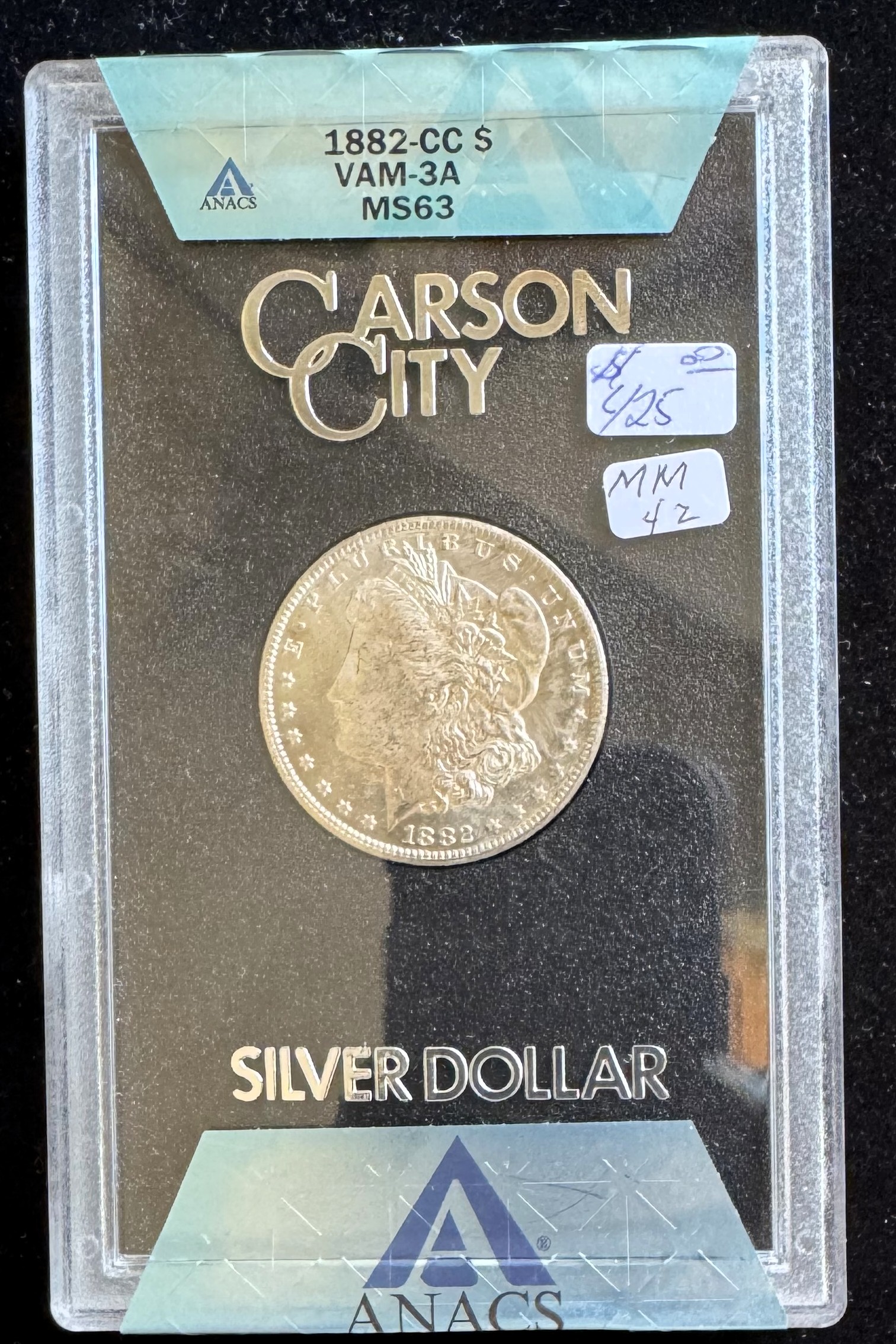 1882-CC MORGAN SILVER $1 DOLLAR COIN, ANACS GRADED VAM-3A MS-63, IN ORIGINAL HARD CASE