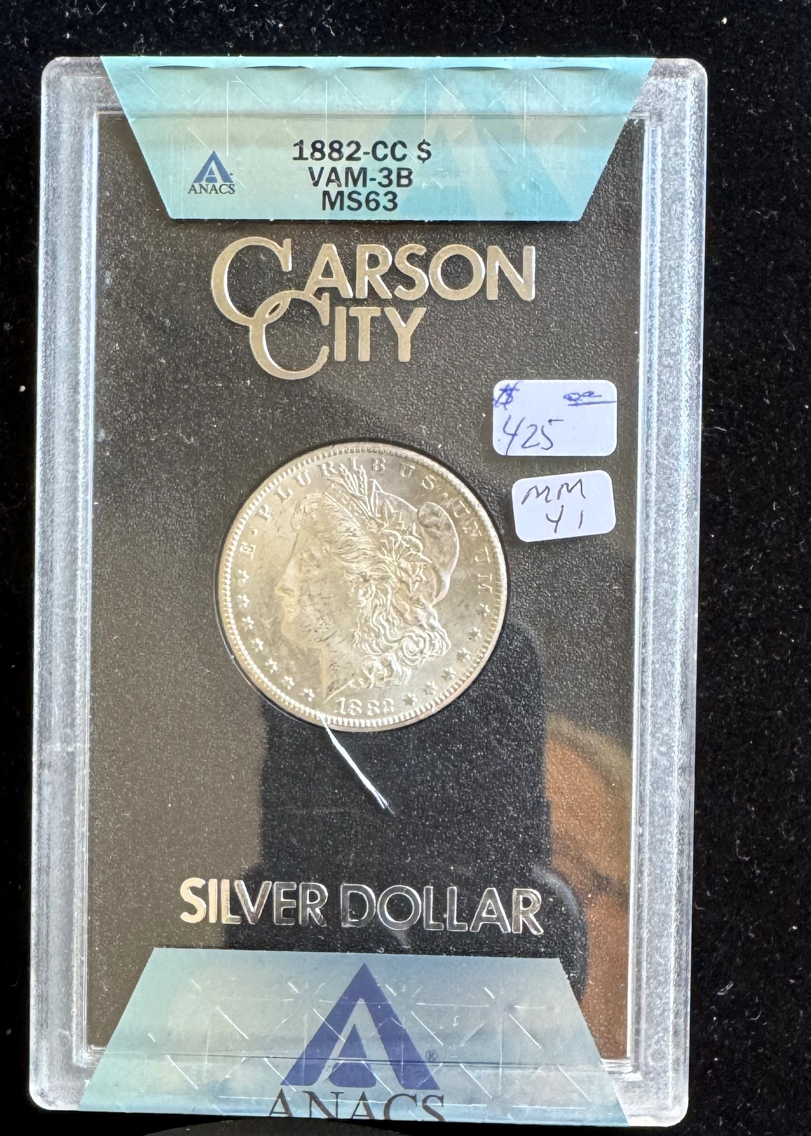 1882-CC MORGAN SILVER $1 DOLLAR COIN, ANACS GRADED VAM-3B MS-63, IN ORIGINAL HARD CASE