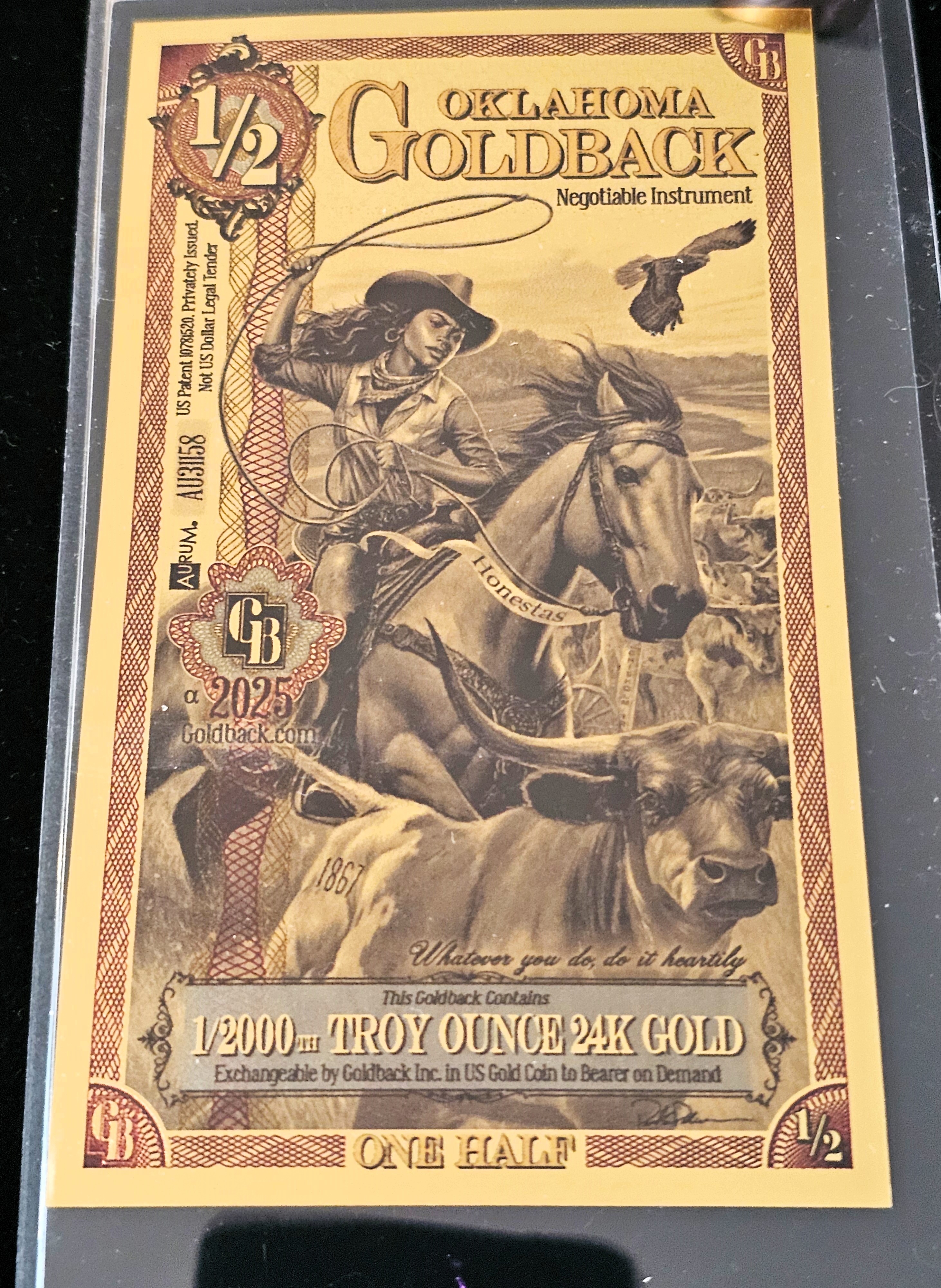 GOLD, 1/2 AND 1 OKLAHOMA GOLDBACKS, GOLD FOIL NOTES, 24kt 1/1000 & 1/2000 .999 FINE GOLD