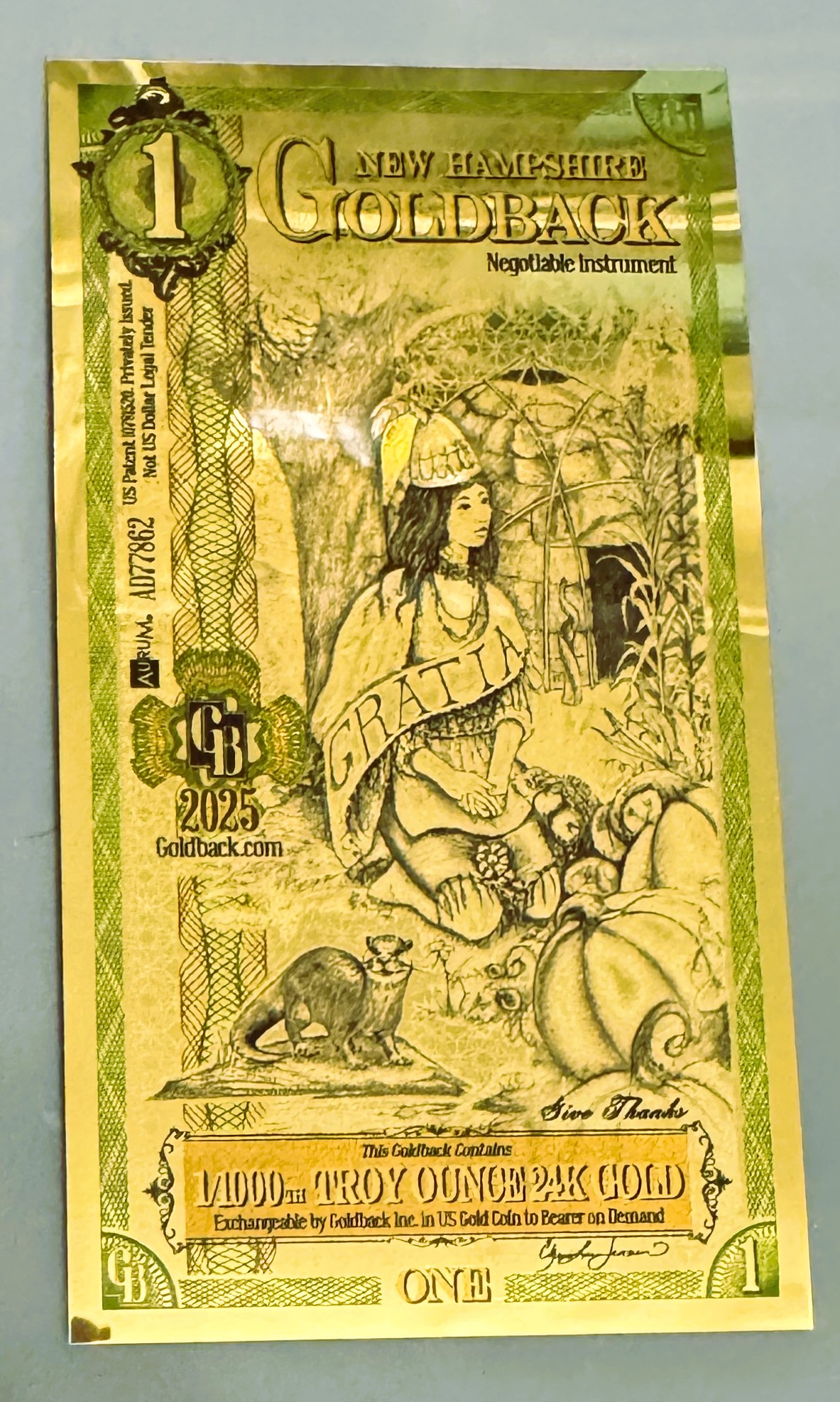 GOLD, 1 NEW HAMPSHIRE GOLDBACK, GOLD FOIL NOTE, 24kt 1/1000 .999 24K FINE GOLD, CAN BE USED AS LEGAL TENDER