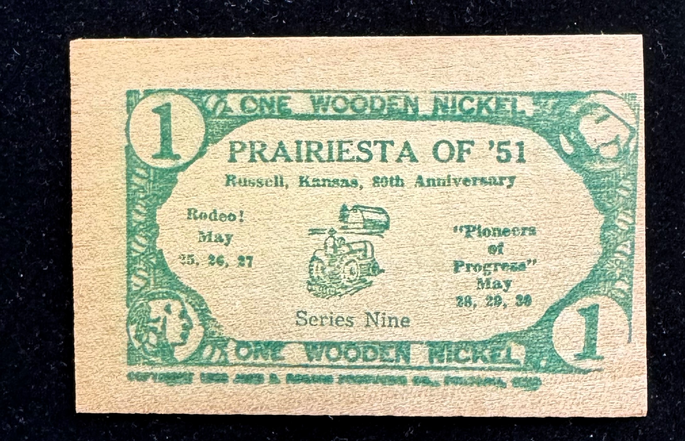 1951 RUSSELL KANSAS ONE WOODEN NICKEL PAPER CURRENCY COIN, PRAIRIESTA OF 51