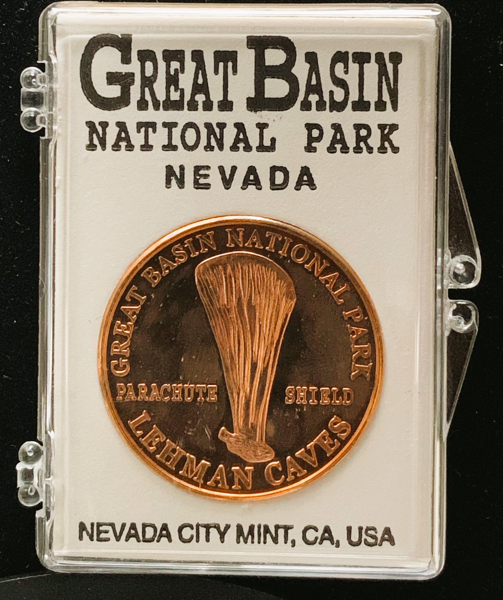 GREAT BASIN NATIONAL PARK SOUVENIR COIN, LEHMAN CAVES PARACHUTE SHIELD