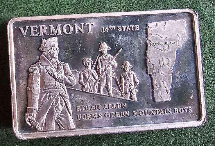 LARGE 10.4 oz VINTAGE .925 FINE SILVER VERMONT STATE BAR, ETHAN ALLEN
