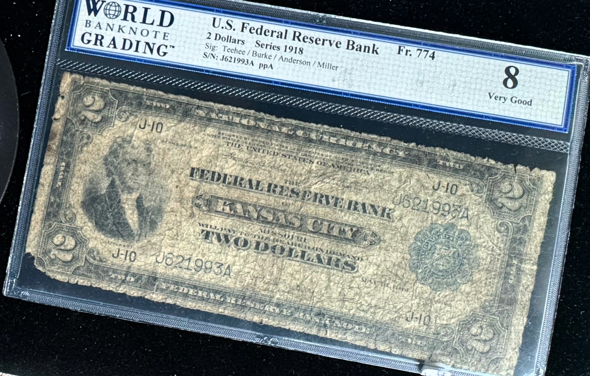 1918 SERIES $2 DOLLARS NATIONAL CURRENCY, WBG GRADED 8 VERY GOOD, BANK OF KANSAS CITY, MISSOURI