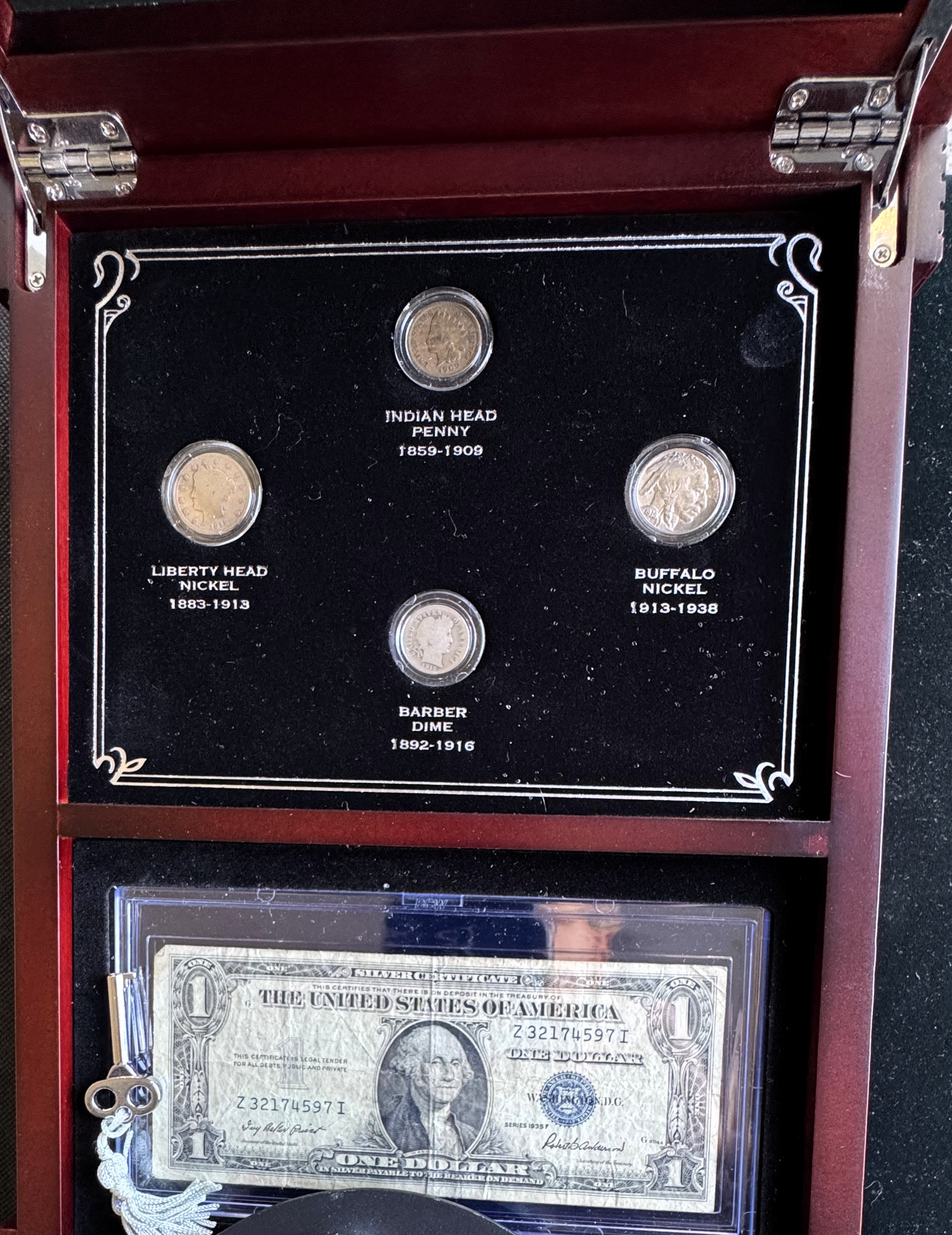 NO MOTTO U.S. COIN & CURRENCY 5 PIECE SET IN CUSTOM WOODEN DISPLAY CASE (SEE DESCRIPTION)