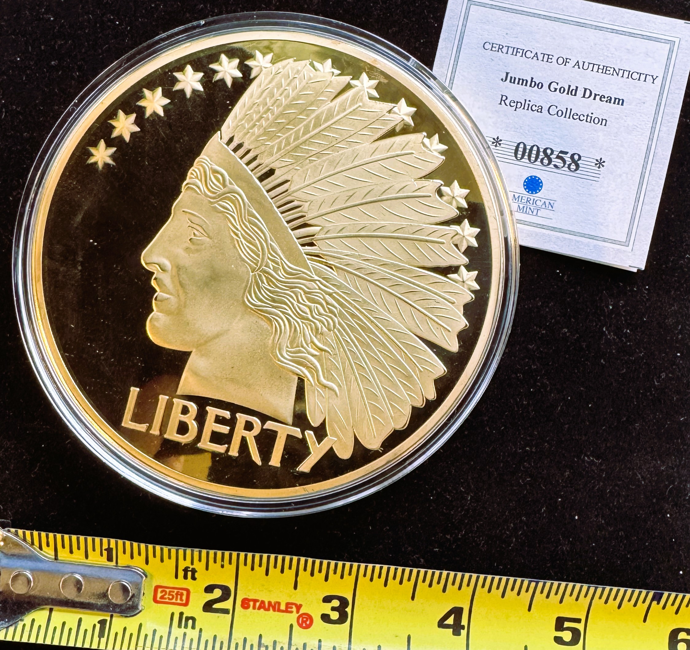 AMERICAN MINT JUMBO GOLD DREAM 1907 INDIAN HEAD PROOF 24kt GOLD LAYERED SOLID COPPER REPLICA, 376g, UNBLEMISHED IN CAPSULE, COA