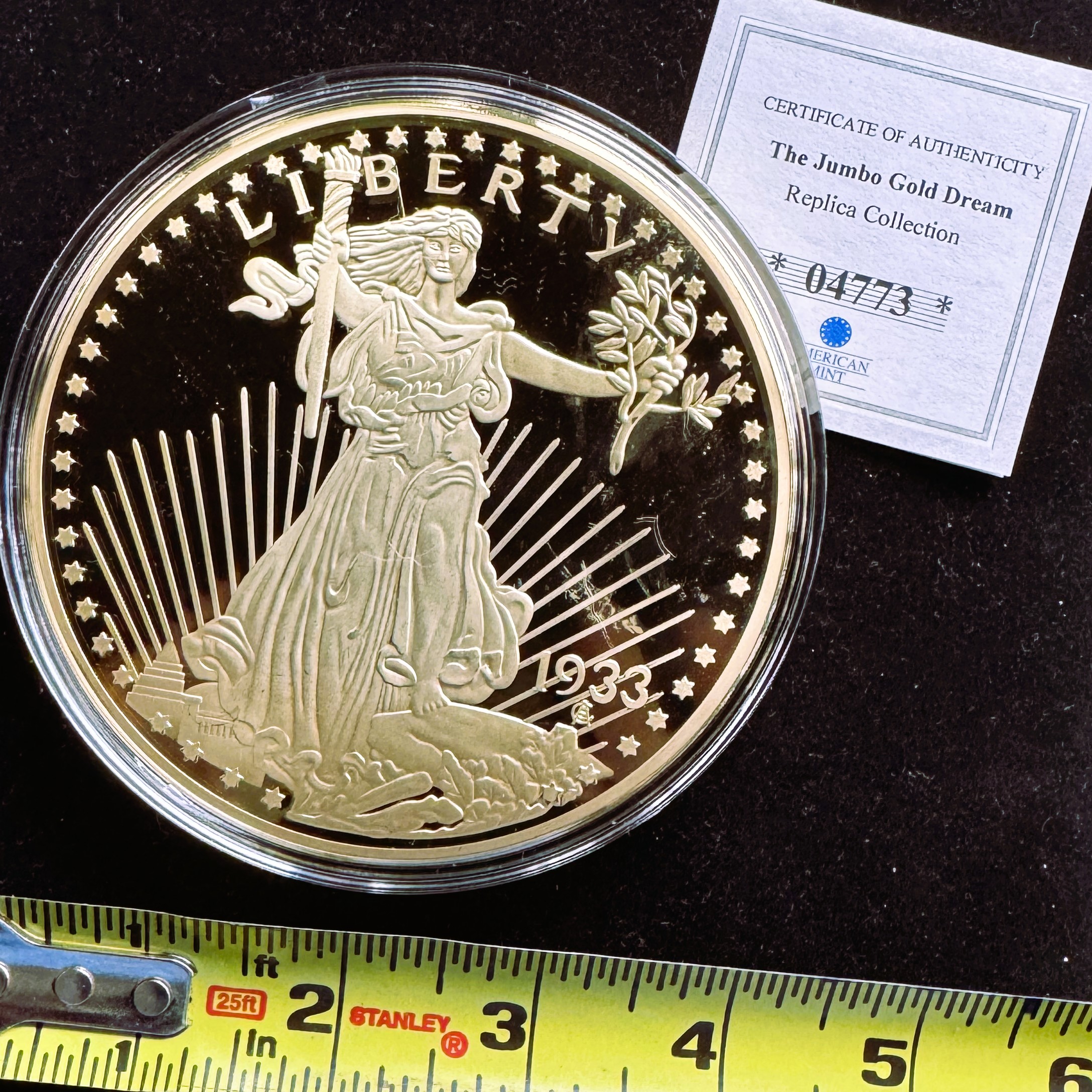AMERICAN MINT JUMBO GOLD DREAM 1933 GOLD DOUBLE EAGLE PROOF 24kt GOLD LAYERED SOLID COPPER REPLICA, 376g, UNBLEMISHED IN CAPSULE, COA