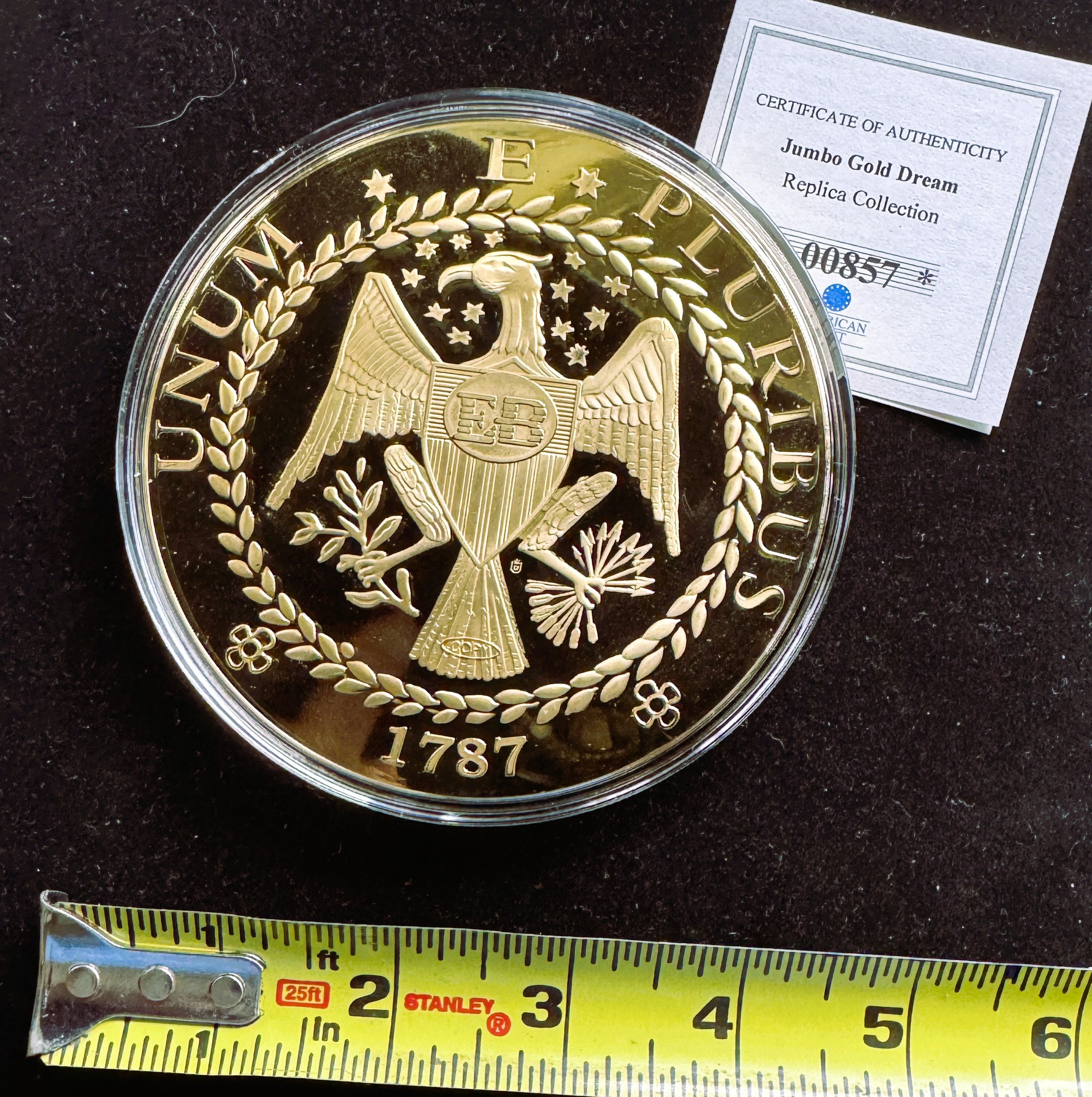 AMERICAN MINT JUMBO GOLD DREAM 1787 BRASHER DOUBLOON PROOF 24kt GOLD LAYERED SOLID COPPER REPLICA, 376g, UNBLEMISHED IN CAPSULE, COA