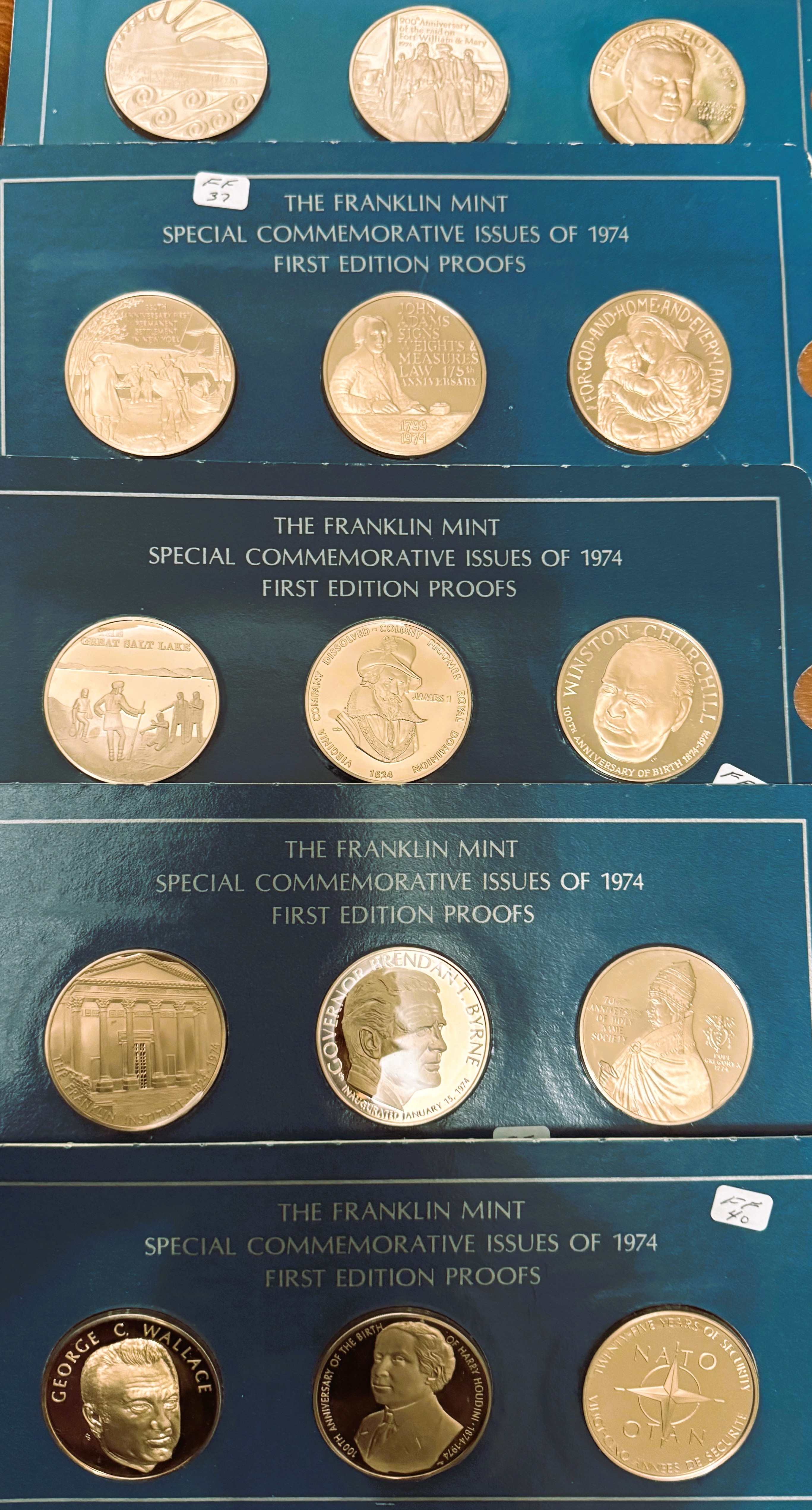 FRANKLIN MINT SPECIAL COMMEMORATIVE ISSUES OF 1973, 74, 75, FIRST EDITION PROOFS, 15 GEM COINS IN 5 ORIG SEALED PKG 