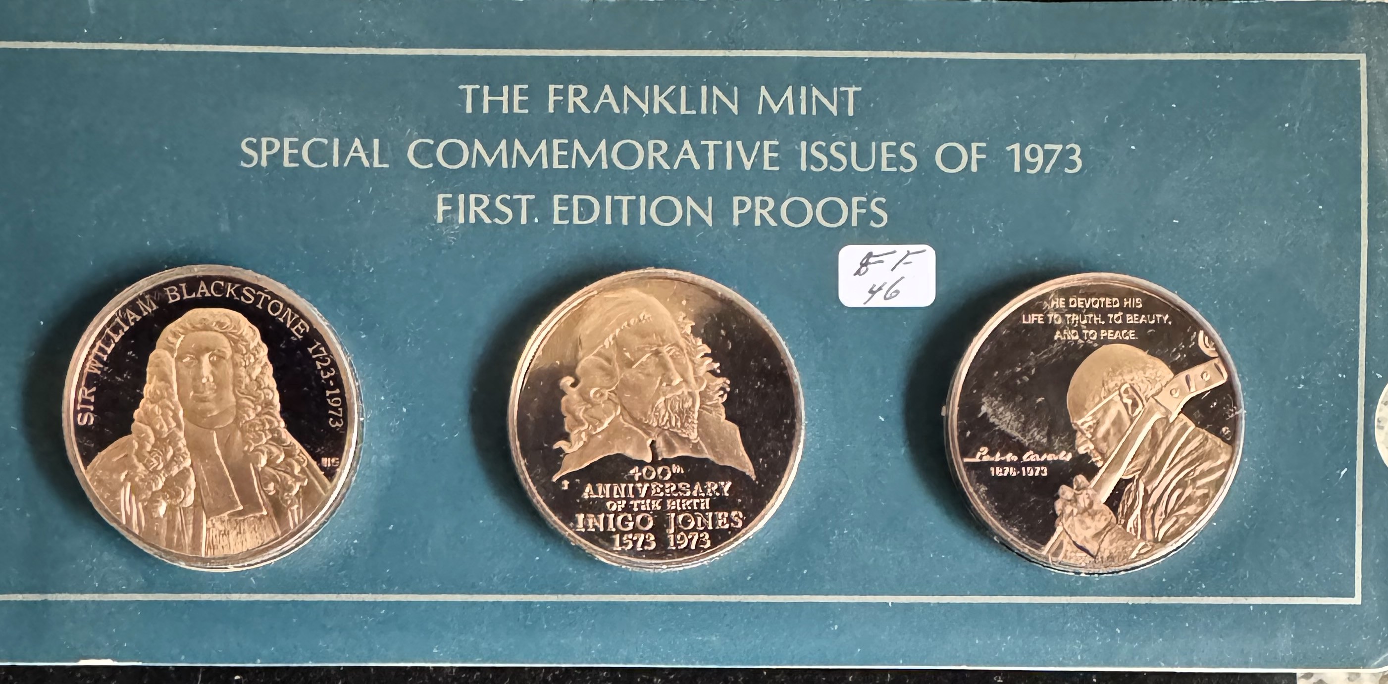 FRANKLIN MINT SPECIAL COMMEMORATIVE ISSUES OF 1973, FIRST EDITION PROOFS, ORIG SEALED PKG OF 3 GEM COINS