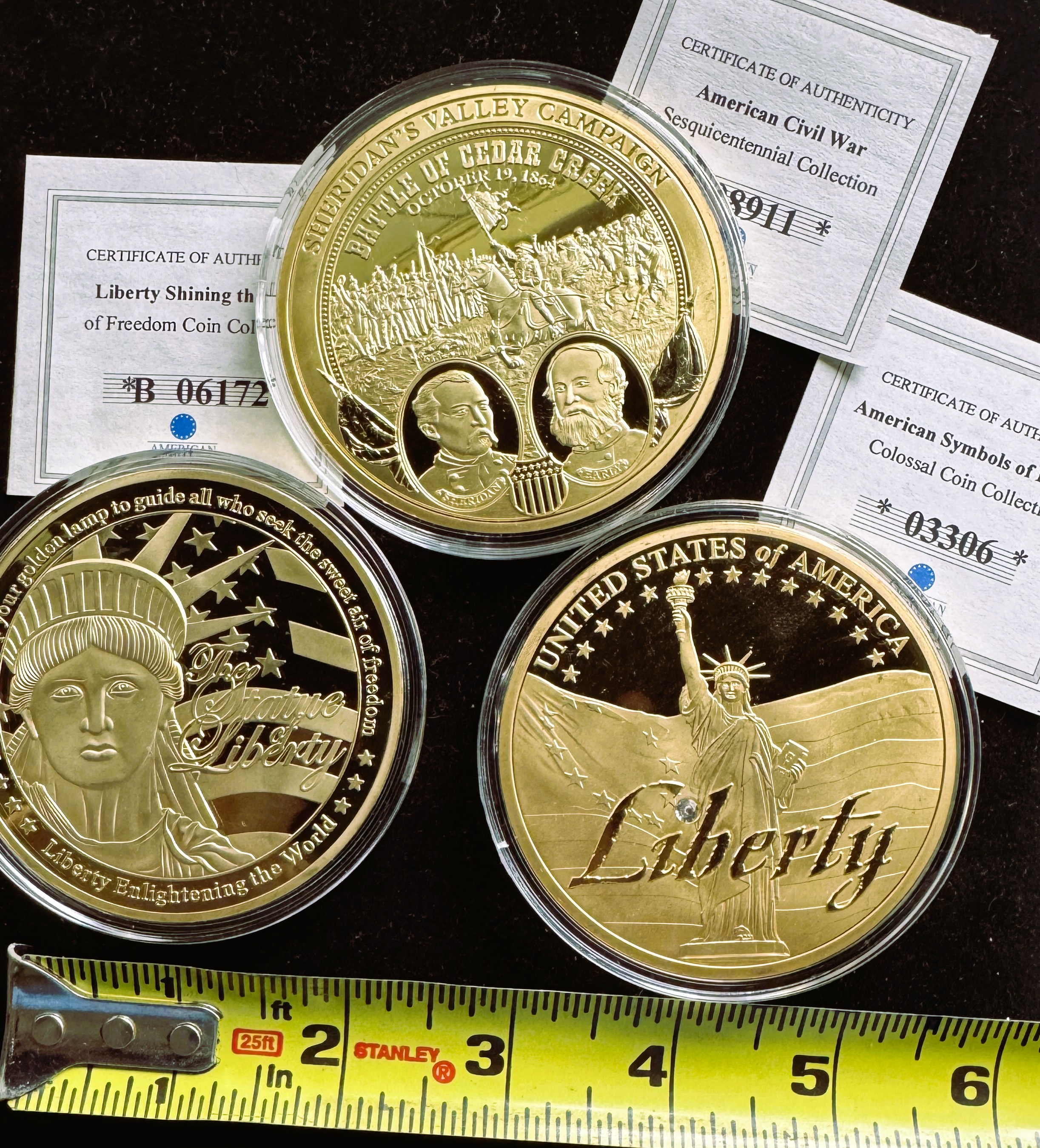 AMERICAN MINT LARGE 24k .999 GOLD ON SOLID COPPER 3 COIN PROOF SET 330g TW, LIBERTY SHINING IN THE LIGHT, CIVIL WAR, & SYMBOLS OF FREEDOM, ALL UNBLEMISHED IN CAPSULES, COA