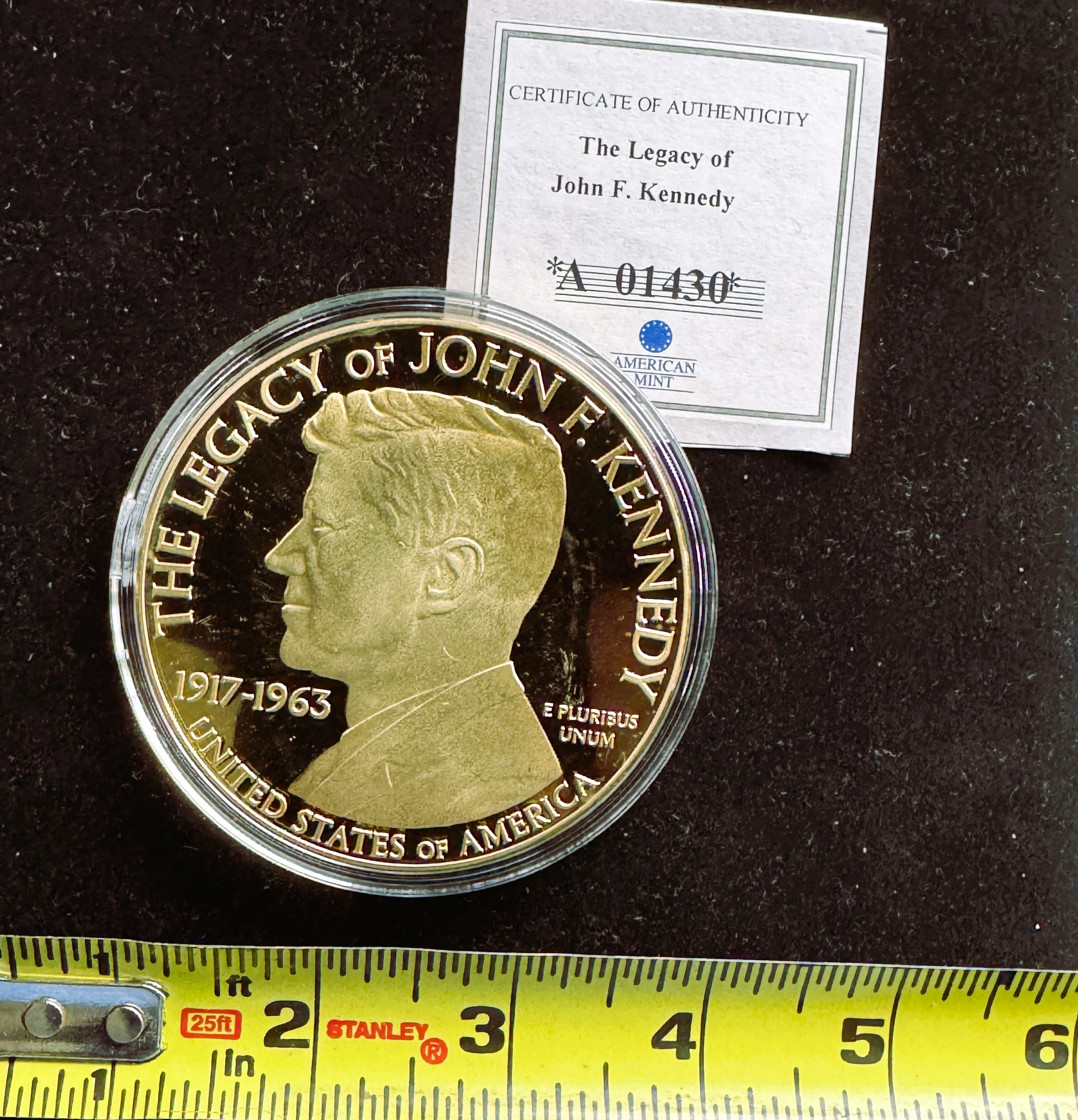 AMERICAN MINT LARGE 24k .999 GOLD ON SOLID COPPER COIN PROOF 110g, KENNEDY & CIVIL RIGHTS, UNBLEMISHED IN CAPSULE, COA