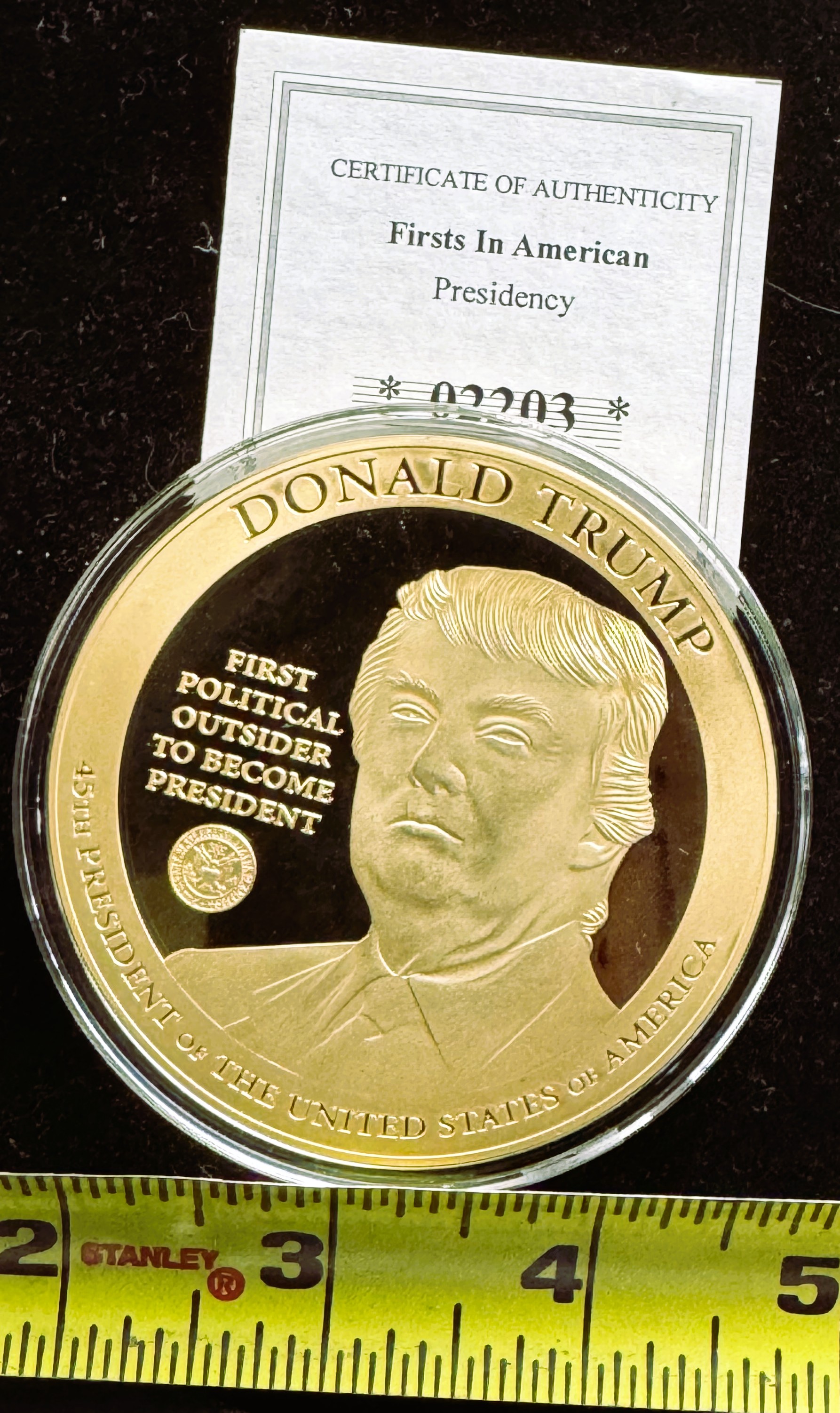 AMERICAN MINT LARGE 24k .999 GOLD, 110g ON SOLID COPPER COIN PROOF, PRESIDENT DONALD TRUMP, UNBLEMISHED IN CAPSULE, COA