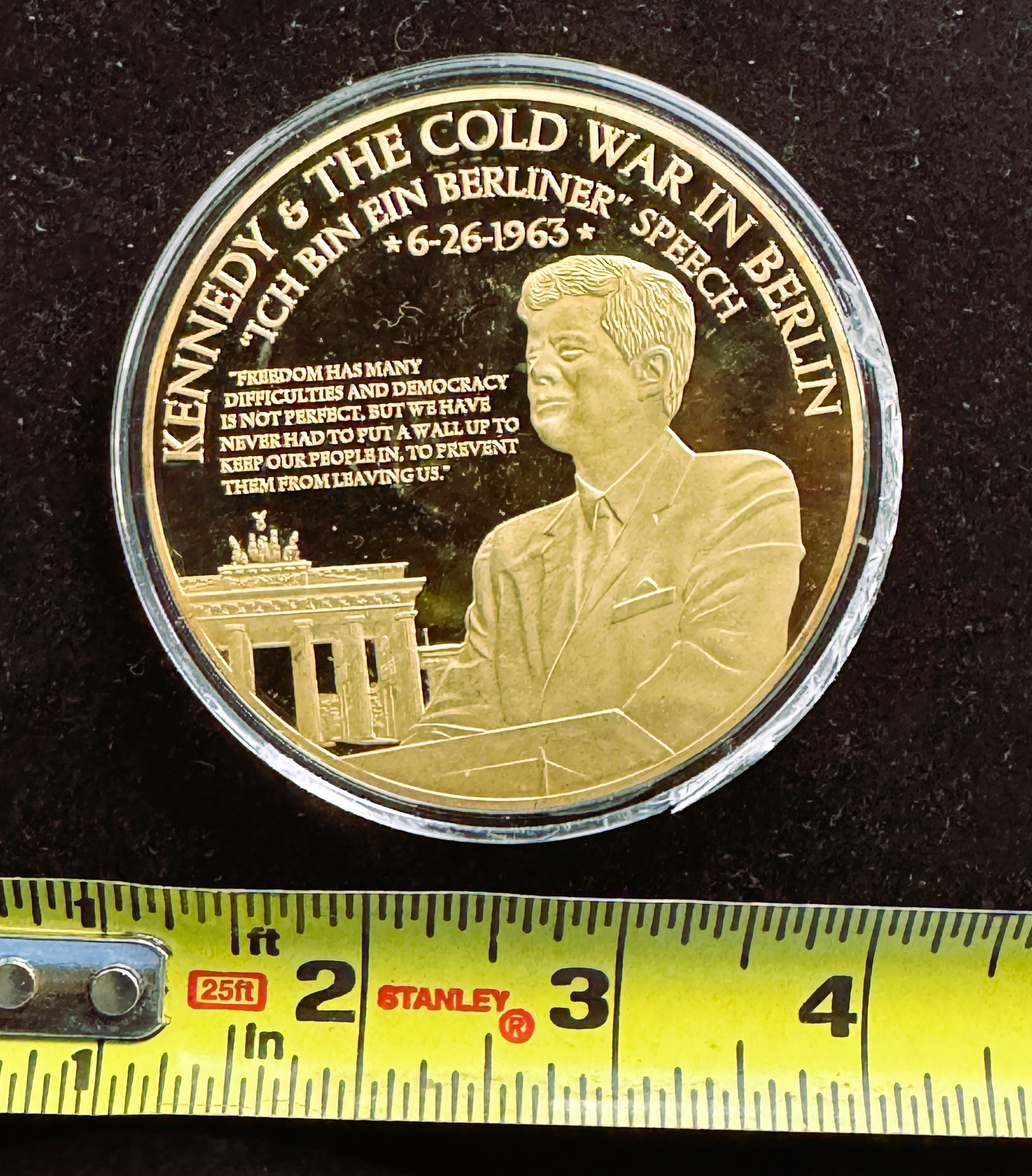 AMERICAN MINT LARGE 24k, 110g,  .999 GOLD ON SOLID COPPER COIN PROOF, KENNEDY THE COLD WAR IN BERLIN, UNBLEMISHED IN CAPSULE, COA