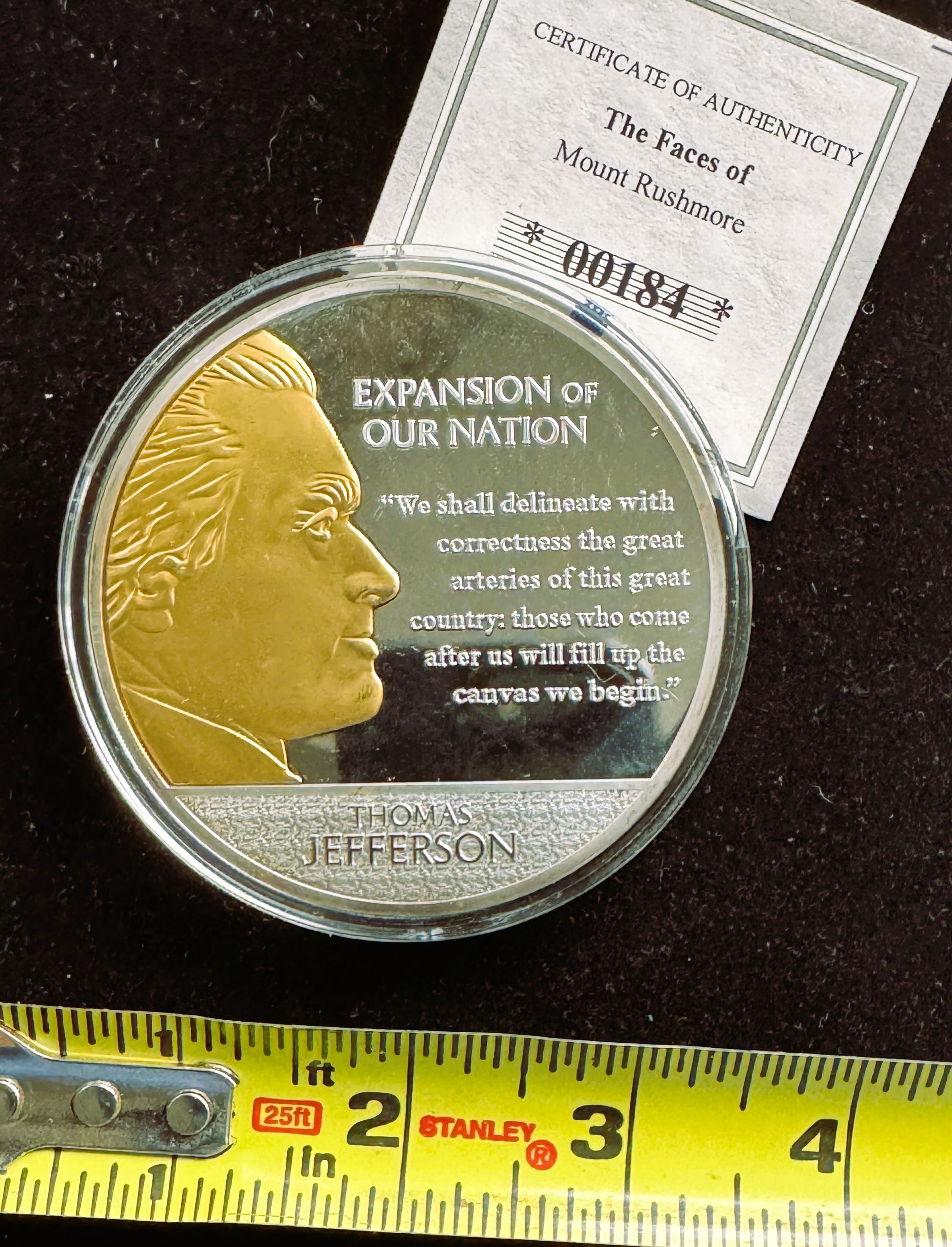 AMERICAN MINT LARGE SPOT GOLD, SILVER PLATED ON SOLID COPPER COIN PROOF, FACES OF MOUNT RUSHMORE JEFFERSON, UNBLEMISHED IN CAPSULE, COA
