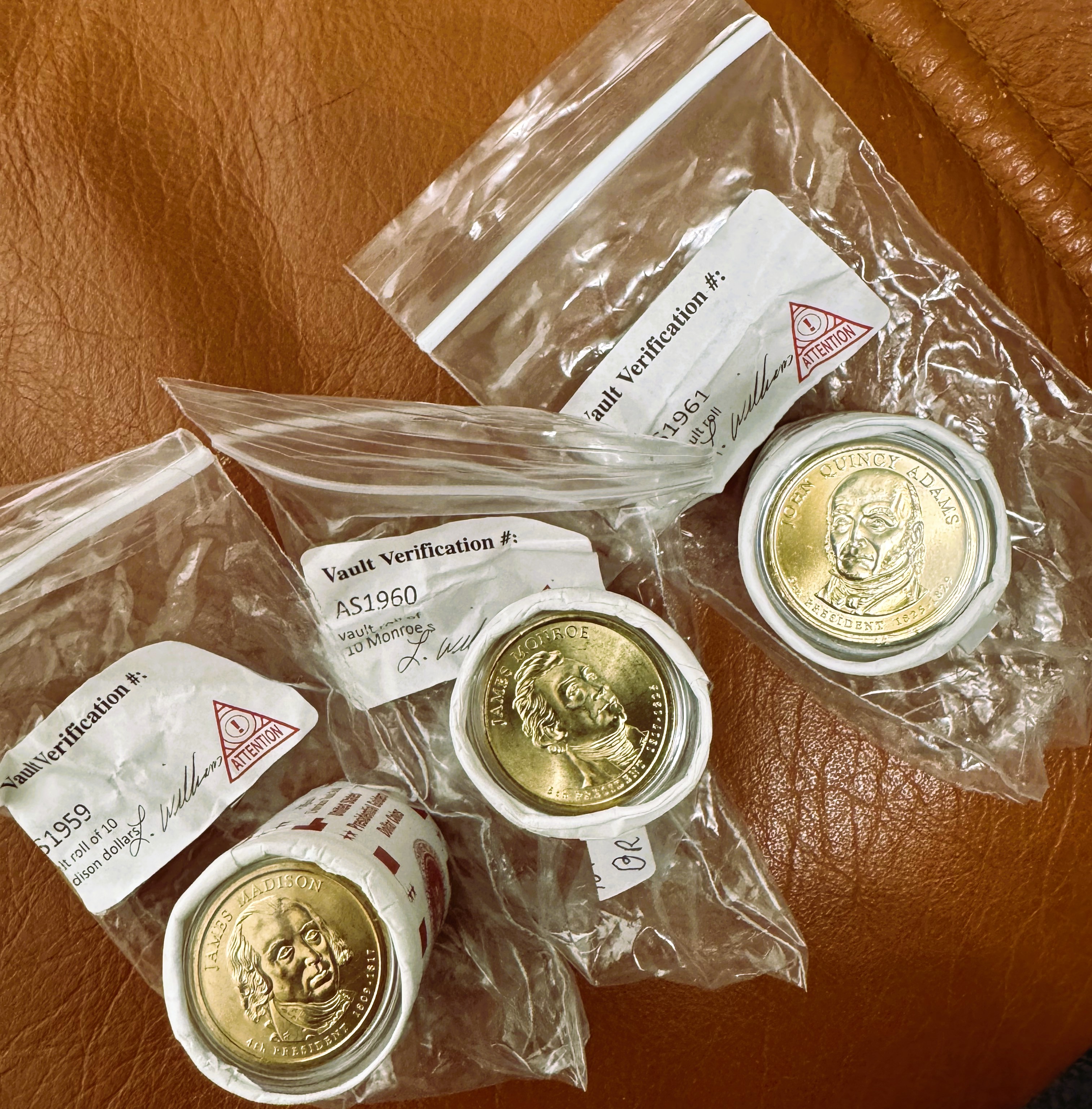 PRESIDENTIAL GOLDEN $1 DOLLAR GEM COINS, BU IN OFFICIAL UNBROKEN VAUGHT 3 ROLLS OF 10, MADISON, MONROE, & JOHN QUINCY ADAMS, 