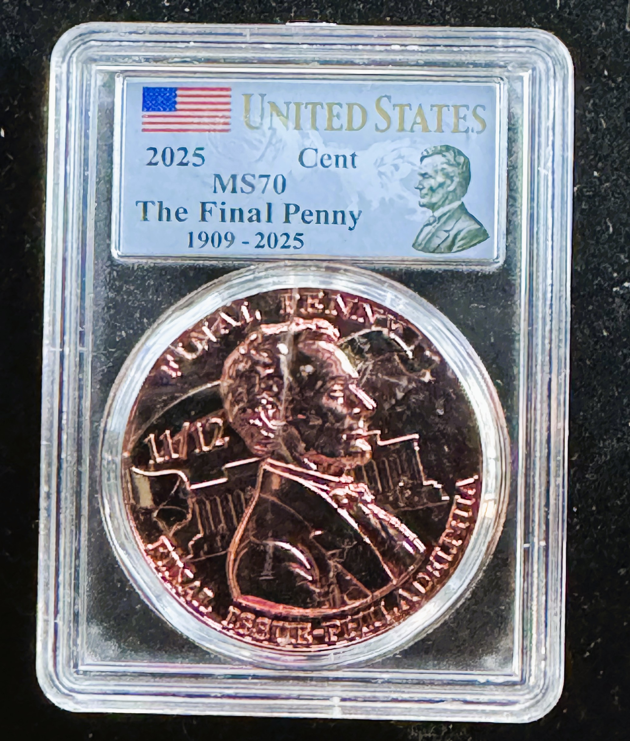 1909-2025 THE FINAL PENNY, FINAL ISSUE PHILADELPHIA, (3-D) BRIGHT LUSTER SHINY MS-70 IN THE SLAB