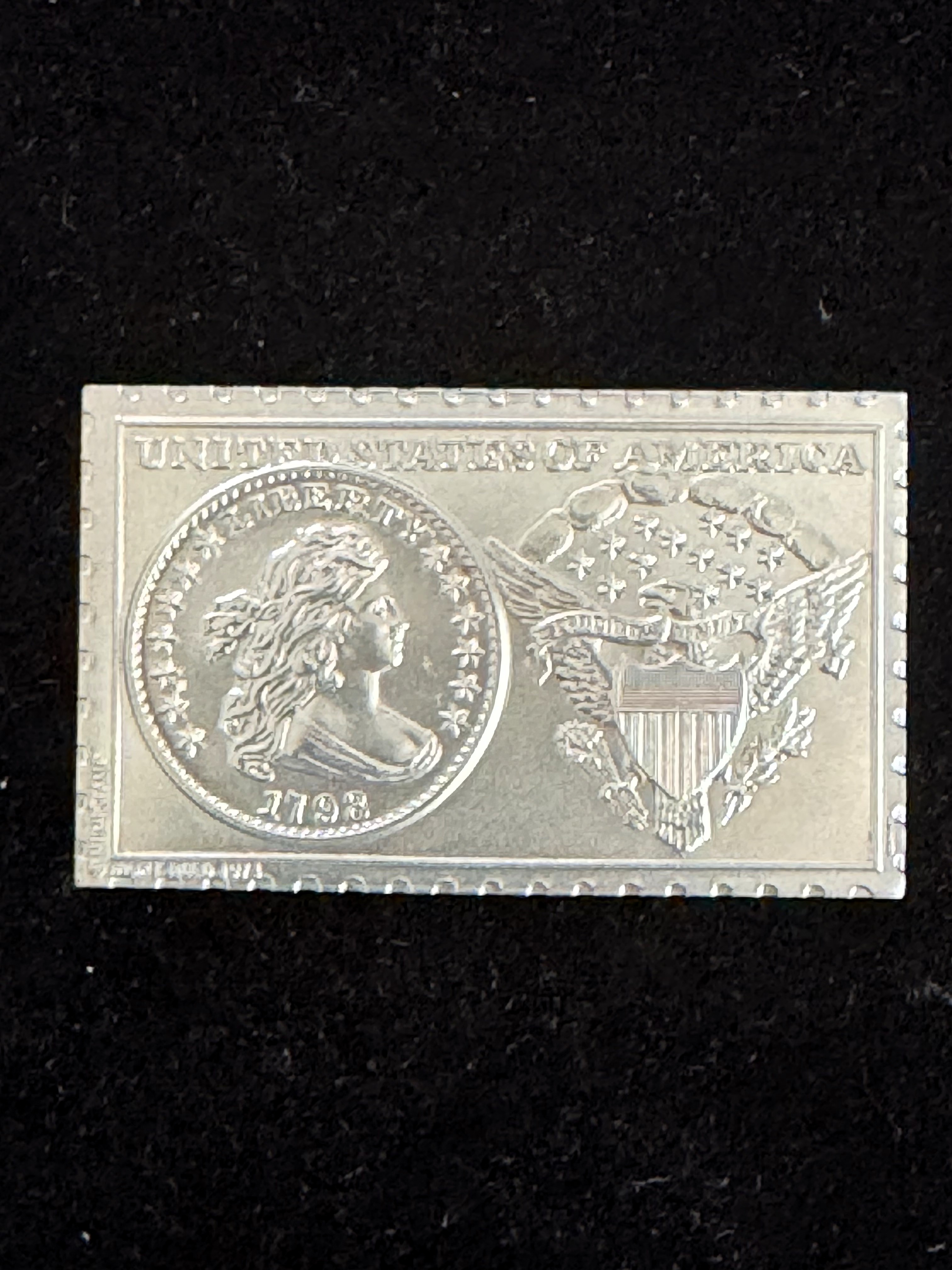UNITED STATES 1798 LIBERTY DRAPPED BUST DOLLAR, NUMISTAMP MORT REED MEDAL, FROM SET #1544 OF 5000, 1 3/8 X 2 1/4 BU GEM