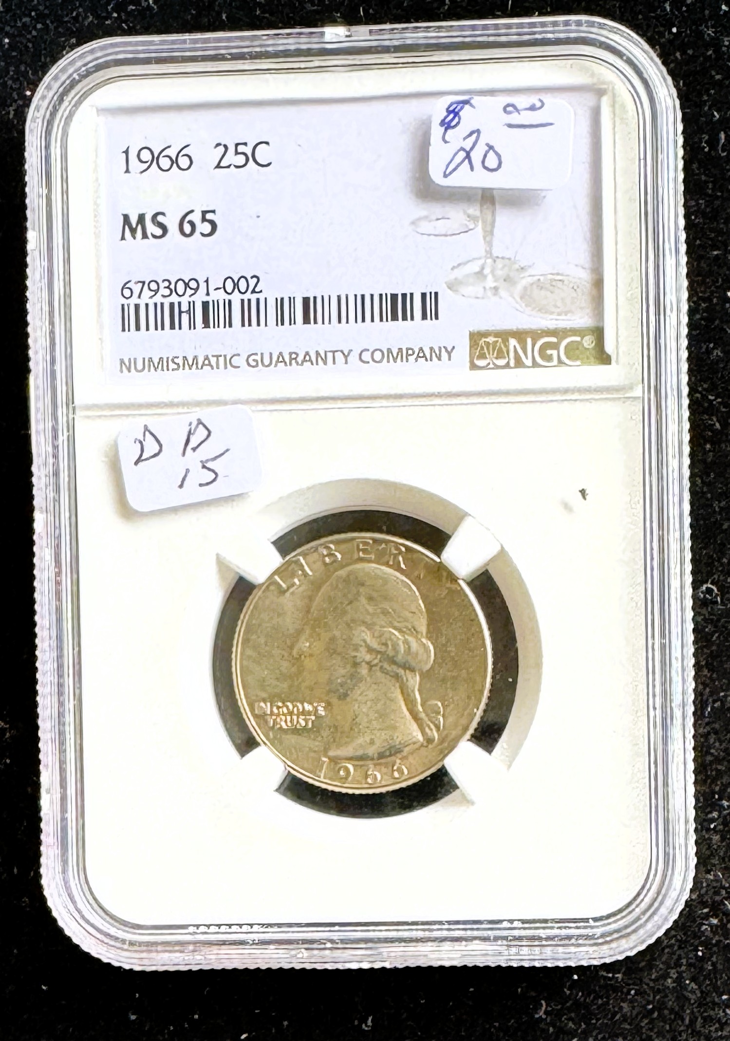 1966 25C COIN, NGC GRADED MS-65 IN THE SLAB