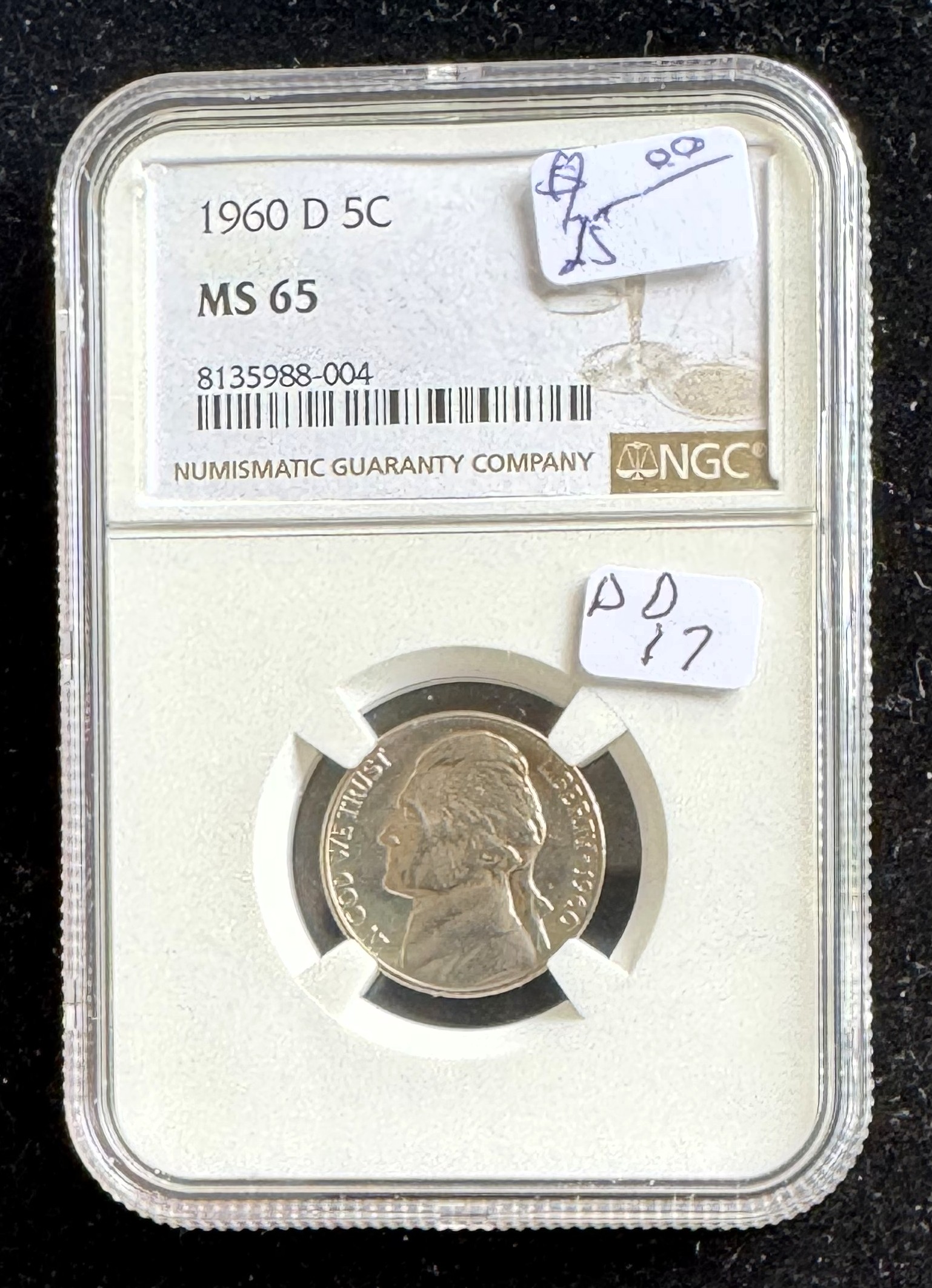 1960-D 5C COIN, NGC GRADED MS-65 IN THE SLAB