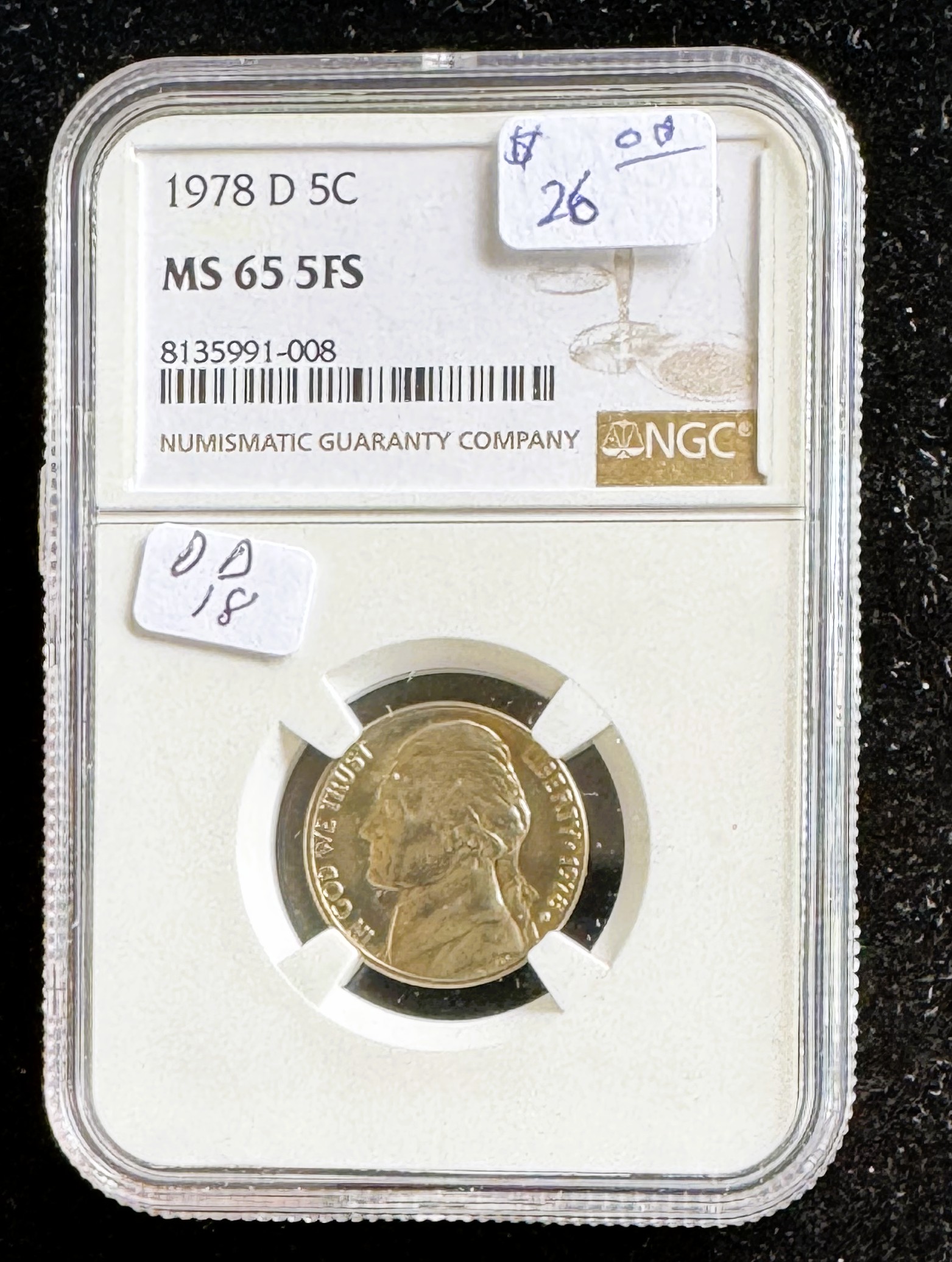 1978-D JEFFERSON NICKEL, NGC GRADE MS-65 FFS, COIN IN THE SLAB