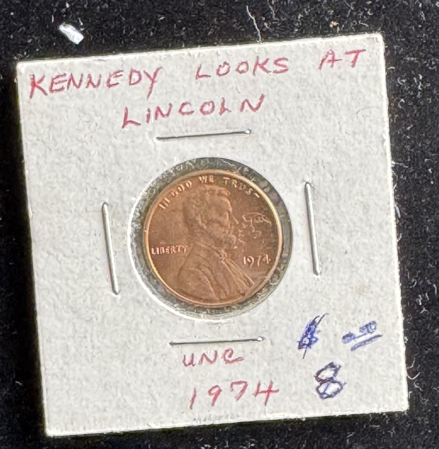 1974 KENNEDY LOOKING AT LINCOLN 1 CENT UNC COIN