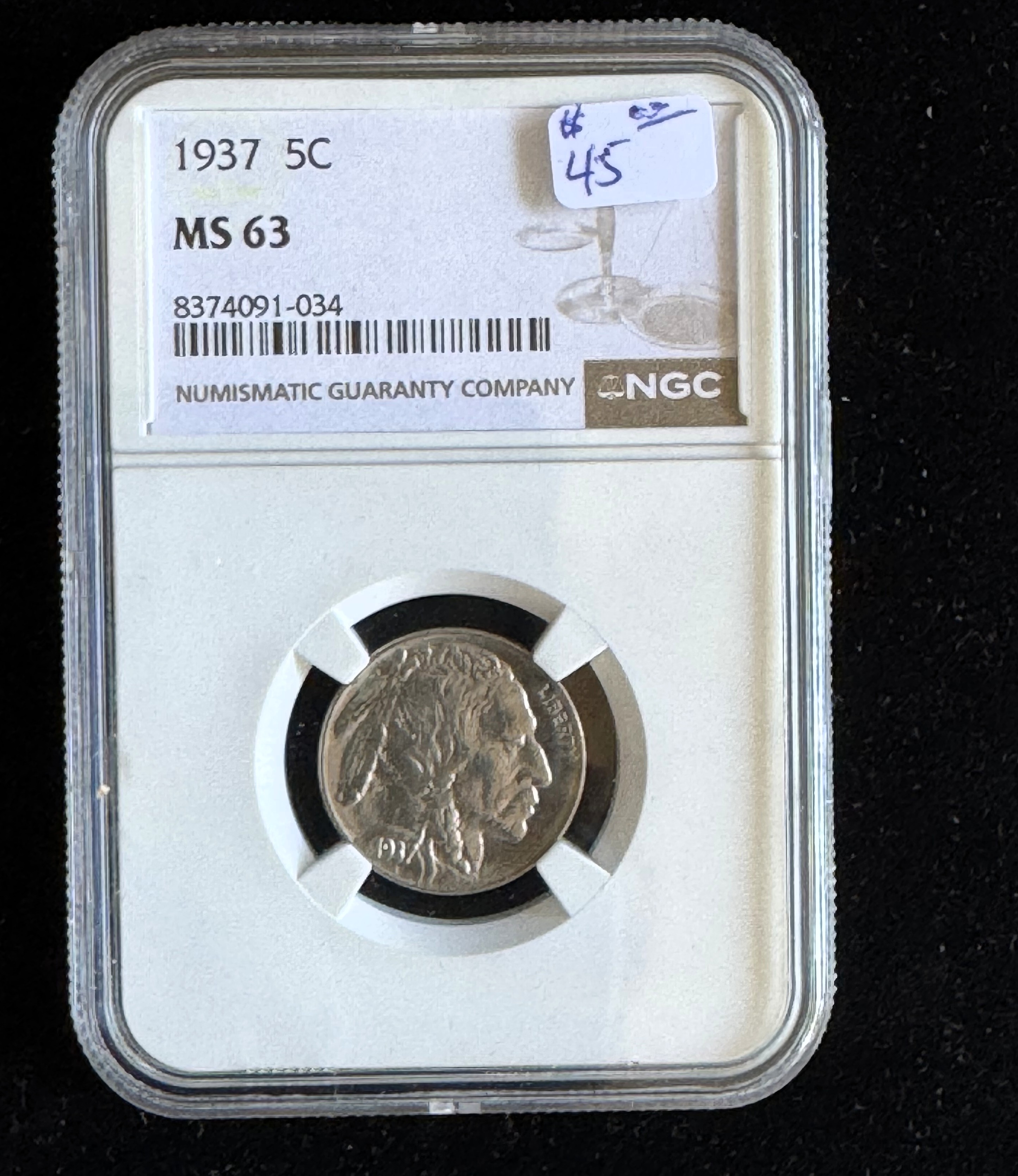 1937 5C INDIAN HEAD NICKEL, NGC GRADED MS-63 COIN IN THE SLAB