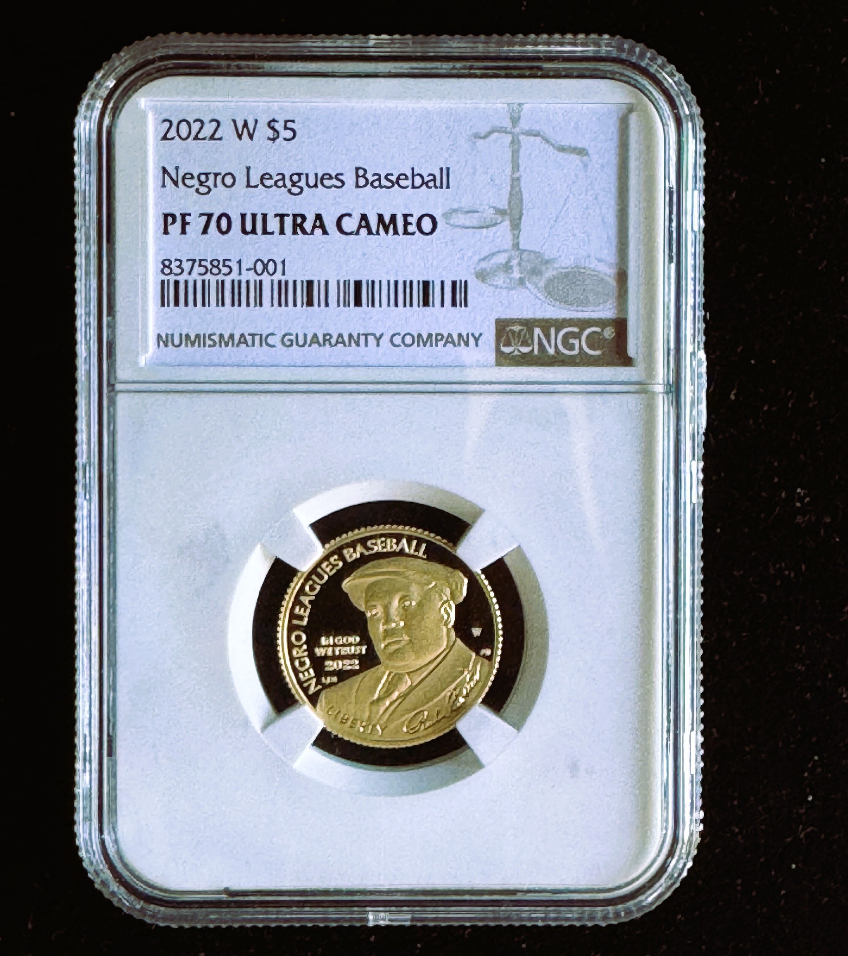 GOLD, 2022-W $5 DOLLAR NEGRO LEAGUES BASEBALL, NGC HIGH GRADED PROOF 70 ULTRA CAMEO, GEM UNBLEMISHED COIN IN THE SLAB