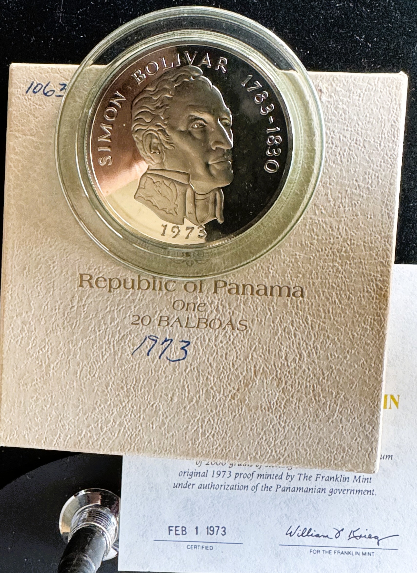 1973 PANAMA 20 BALBOAS 4oz .925 SILVER PROOF CAMEO UNBLEMISHED GEM COIN IN ORIG PKG, CASE, SEALED CAPSULE, COA