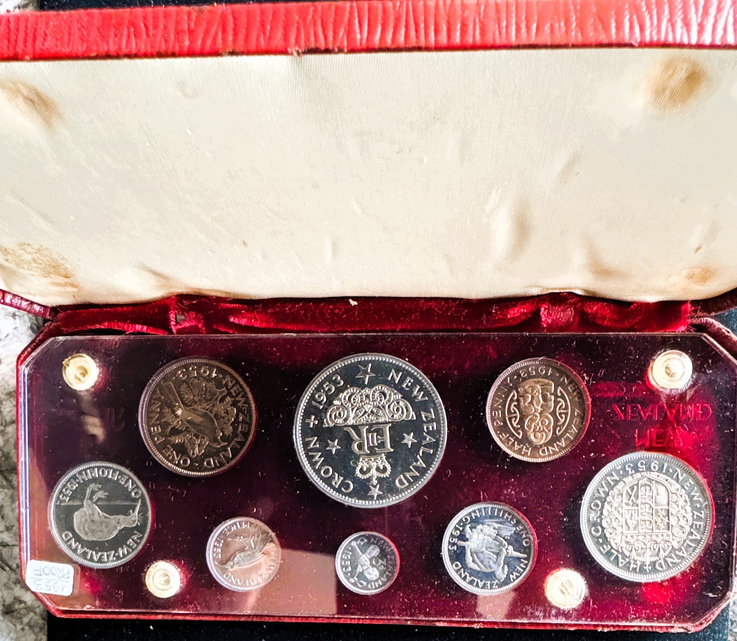1953 NEW ZEALAND 8 COIN ABSOLUTE GEM PROOF MINT SET SEALED HARD CASE, ORIG PKG, ORIG 