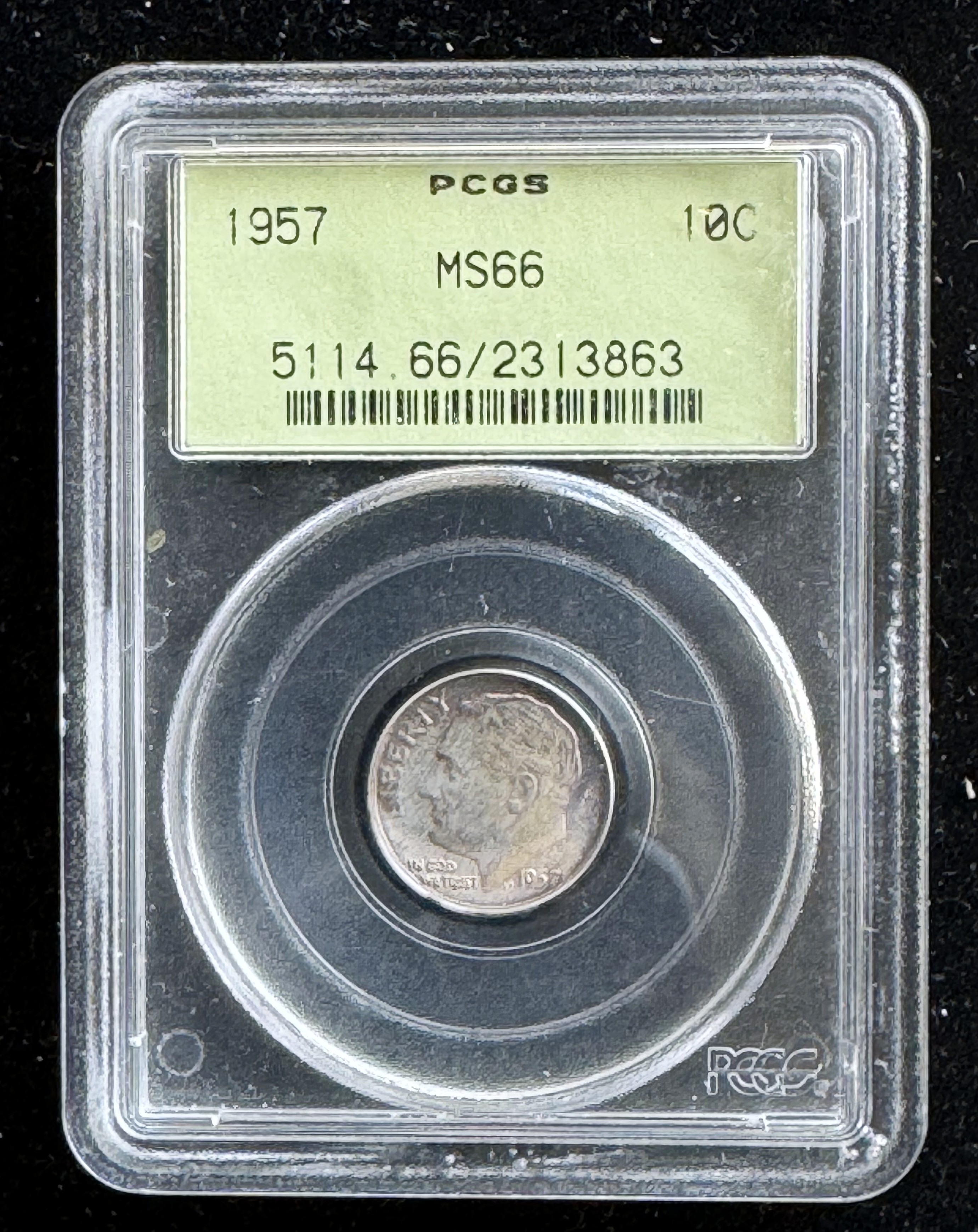 1957 SILVER DIME, PCGS GRADED MS-66 IN THE SLAB