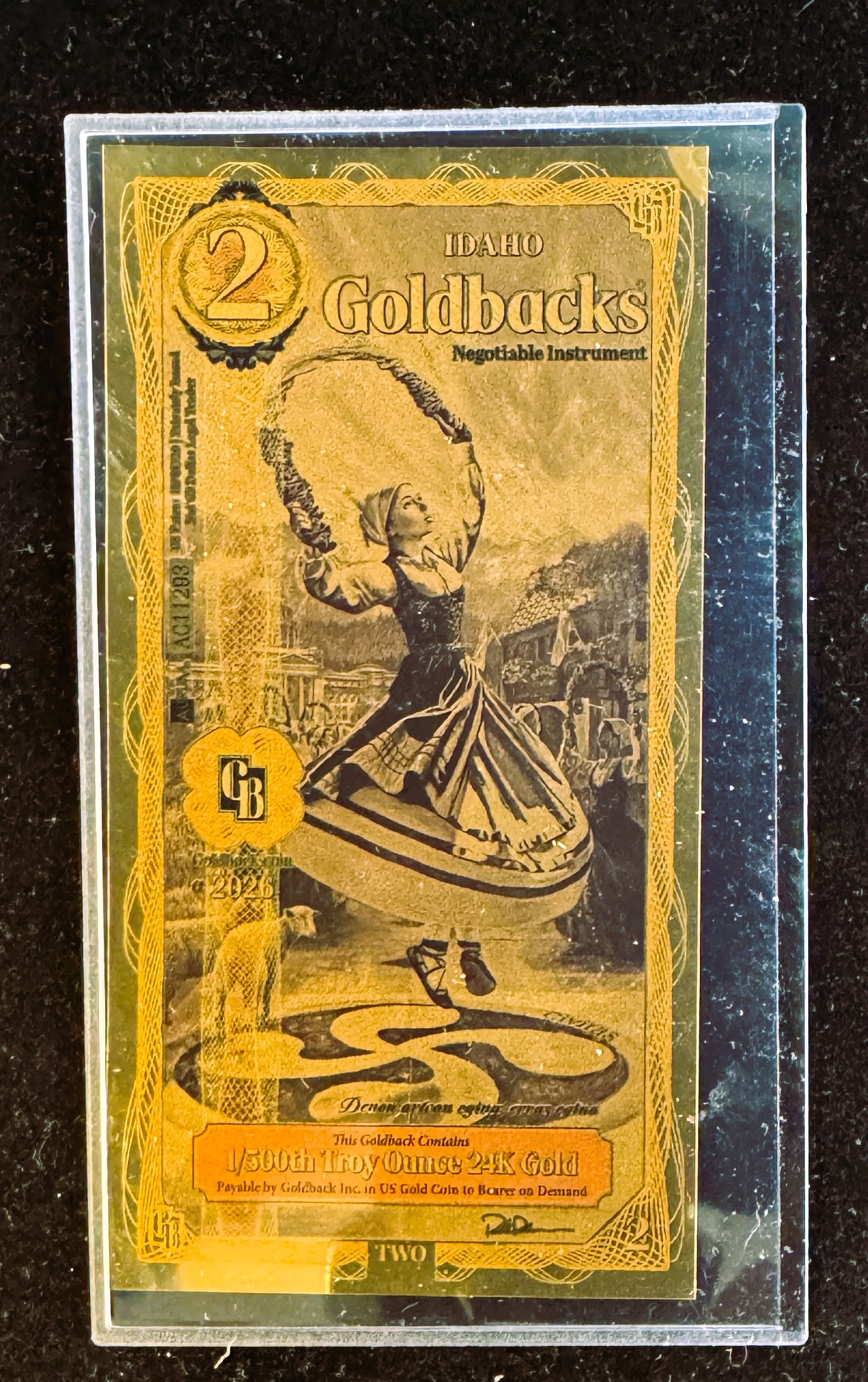 GOLD, IDAHO GOLDBACKS 2 GOLD FOIL NOTE, 1/500 th 24K .999 FINE GOLD, CAN BE USED AS LEGAL TENDER, PHOTOS IN PROTECTIVE COVERS