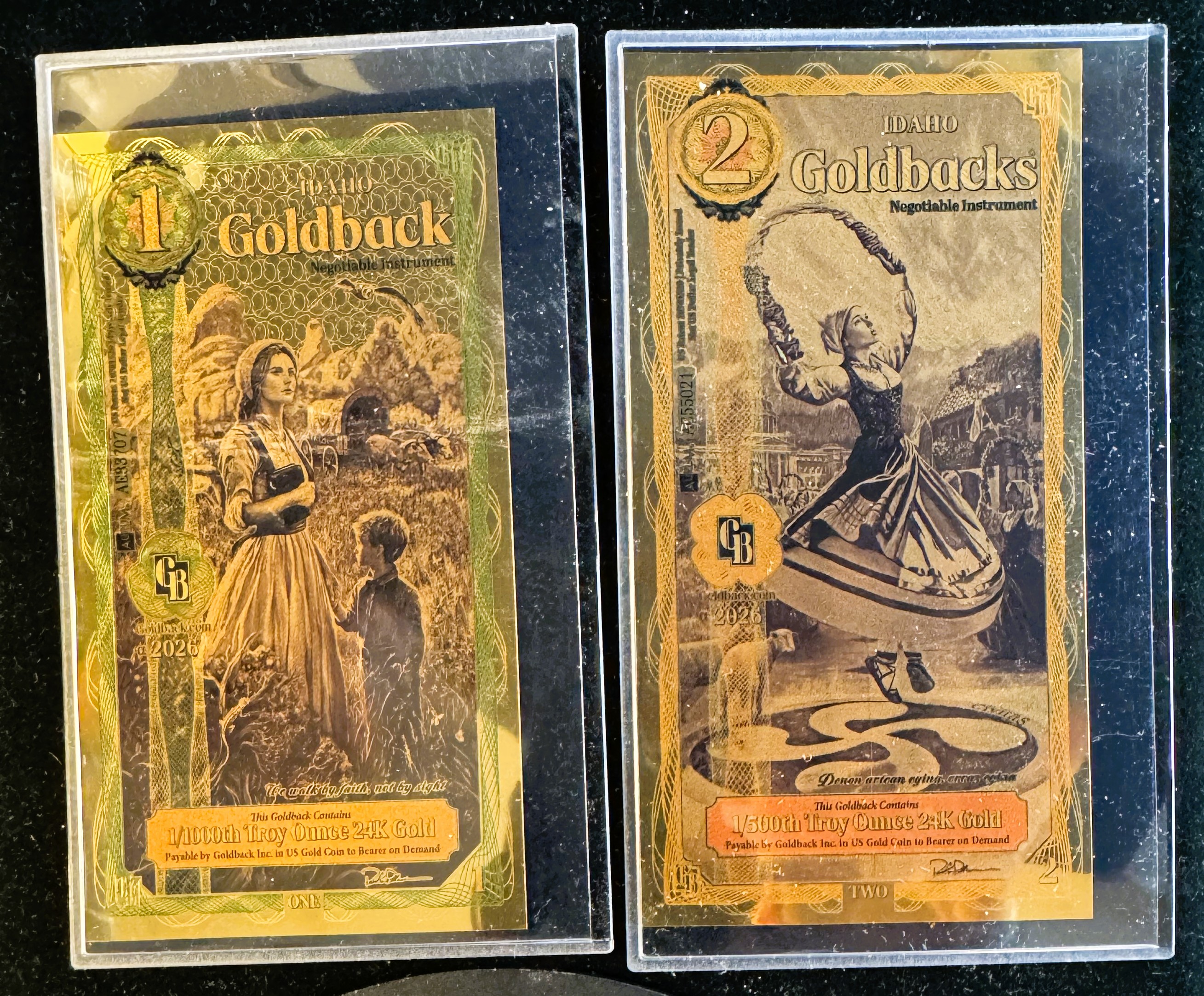 GOLD, IDAHO GOLDBACKS 1 & 2 GOLD FOIL NOTES, 1/1000 & 1/500th 24K .999 FINE GOLD, CAN BE USED AS LEGAL TENDER, PHOTOS IN PROTECTIVE COVERS