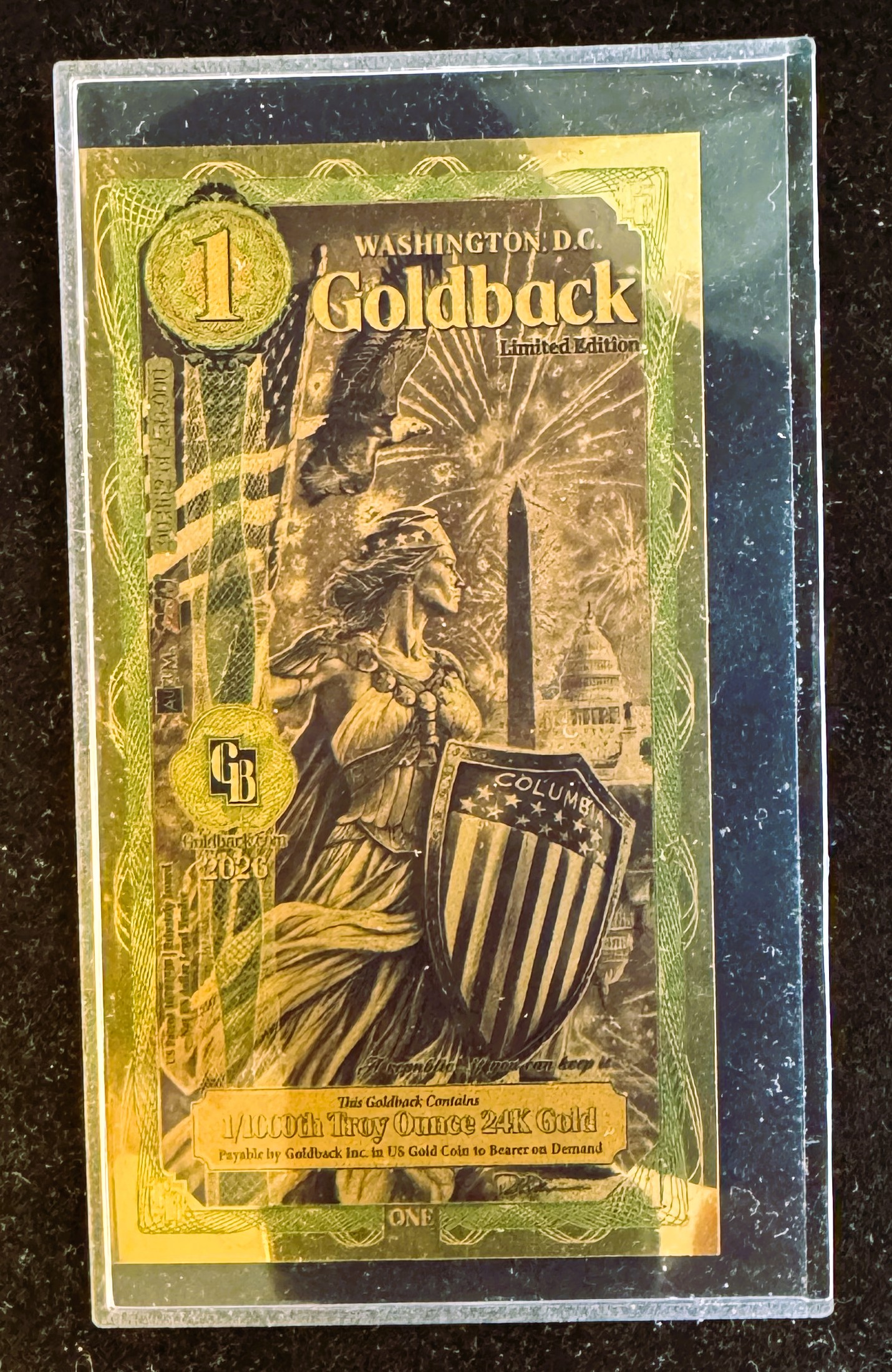 GOLD, WASHINGTON D.C. 1 GOLDBACK (LIMITED EDITION), 1/1000 TROY OZ 24k GOLD FOIL, CAN BE USED AS LEGAL TENDER, HARD TO PHOTO IN PROTECTIVE COVER