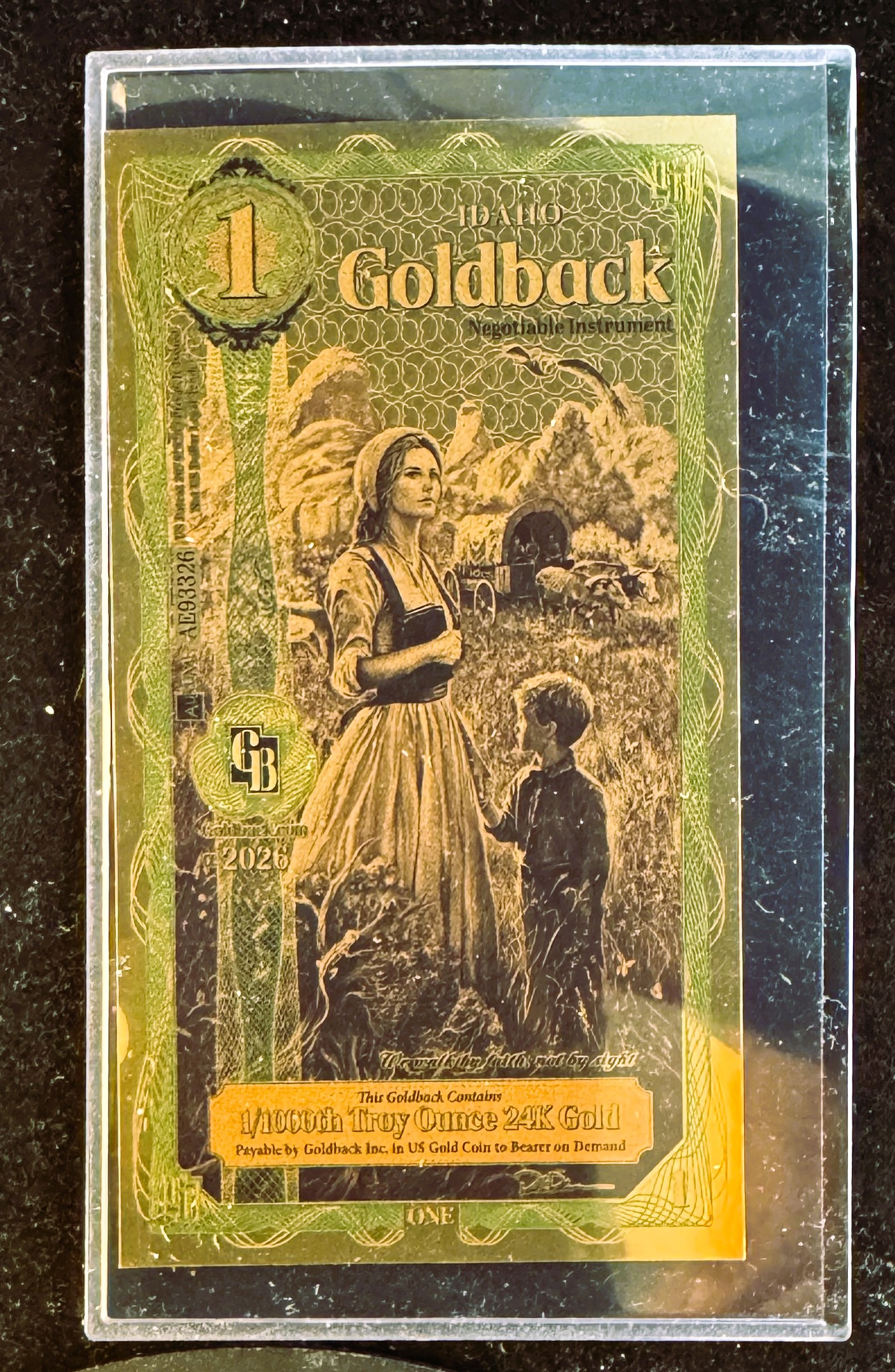 GOLD, IDAHO GOLDBACKS 1 GOLD FOIL NOTE, 1/1000 th 24K .999 FINE GOLD, CAN BE USED AS LEGAL TENDER, PHOTOS IN PROTECTIVE COVERS