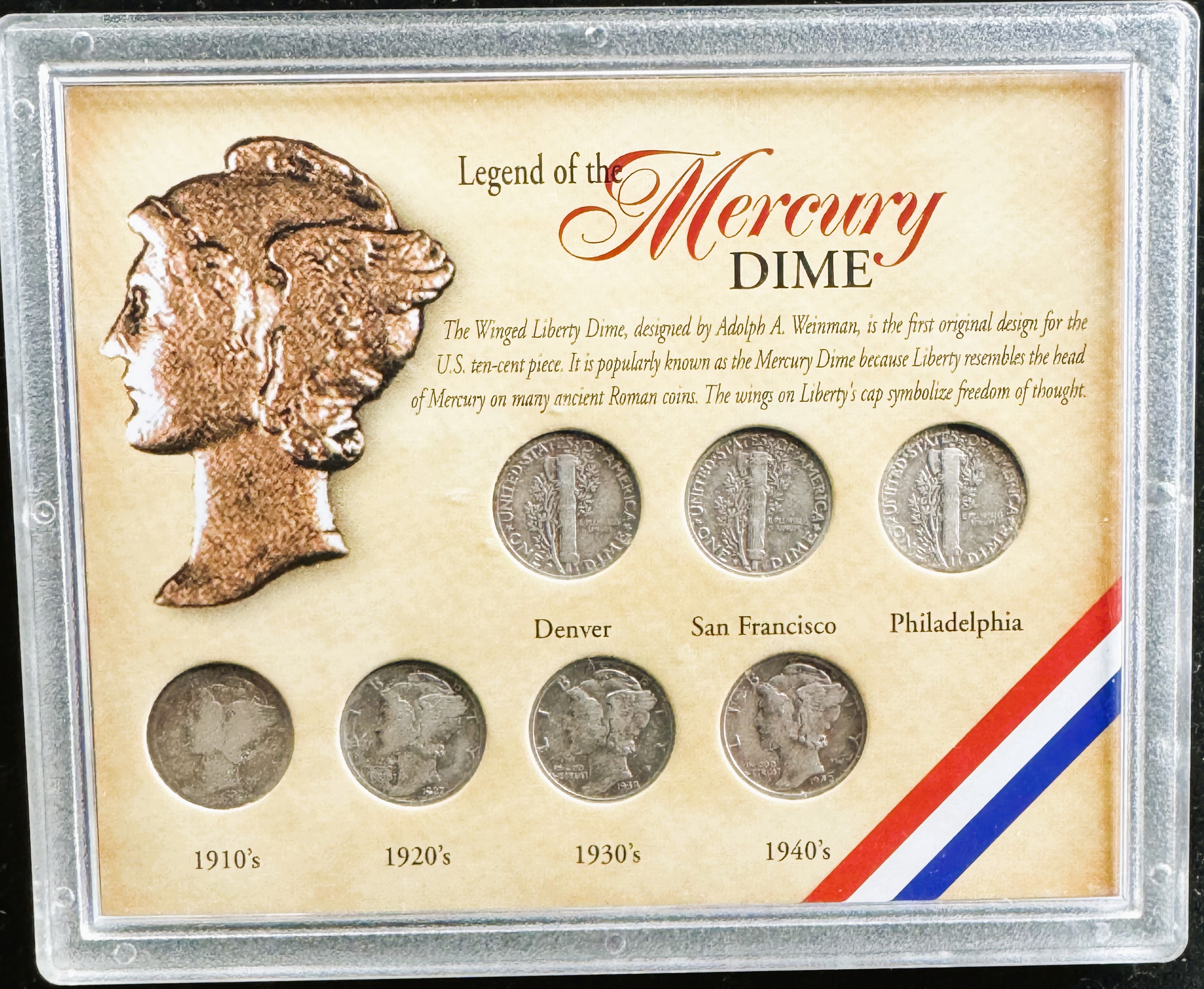 LEGEND OF THE MERCURY SILVER COLLECTION, 7 QUALITY DIMES IN A HARD CASE