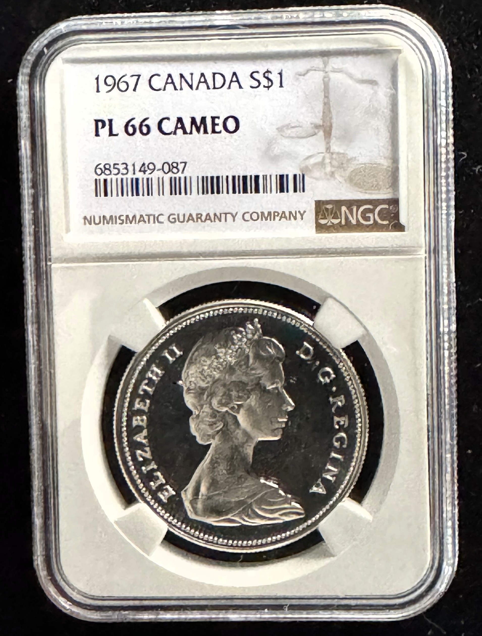 1967 SILVER CANADIAN GOOSE HIGH GRADE COIN, NGC GRADED PL 66 CAMEO PROOF IN THE SLAB