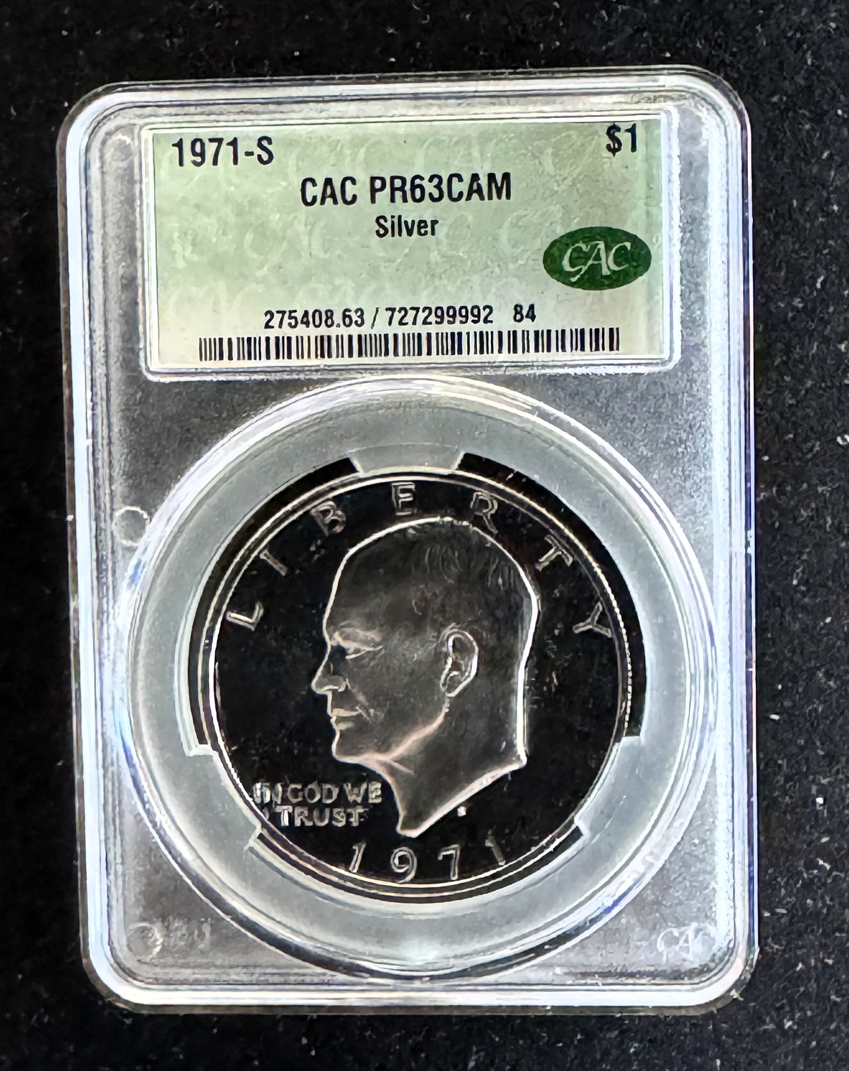 1971-S SILVER CAMEO PROOF EISENHOWER $1 DOLLAR, CAC GRADED PROOF-63 CAMEO, GEM COIN, IN A SLAB