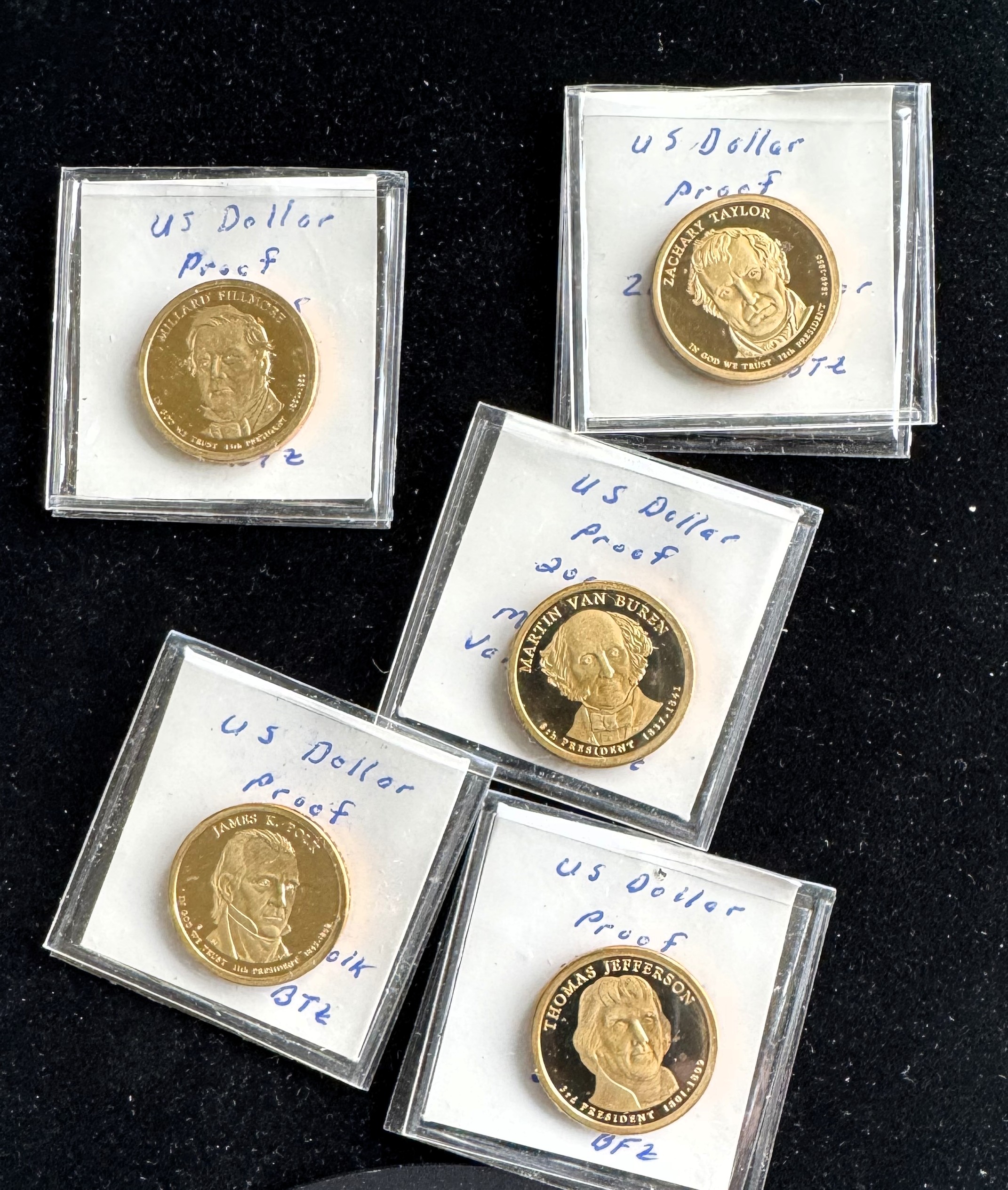 2007-S - 2010-S PRESIDENT (5) GOLDEN $1 DOLLAR CAMEO PROOF COINS